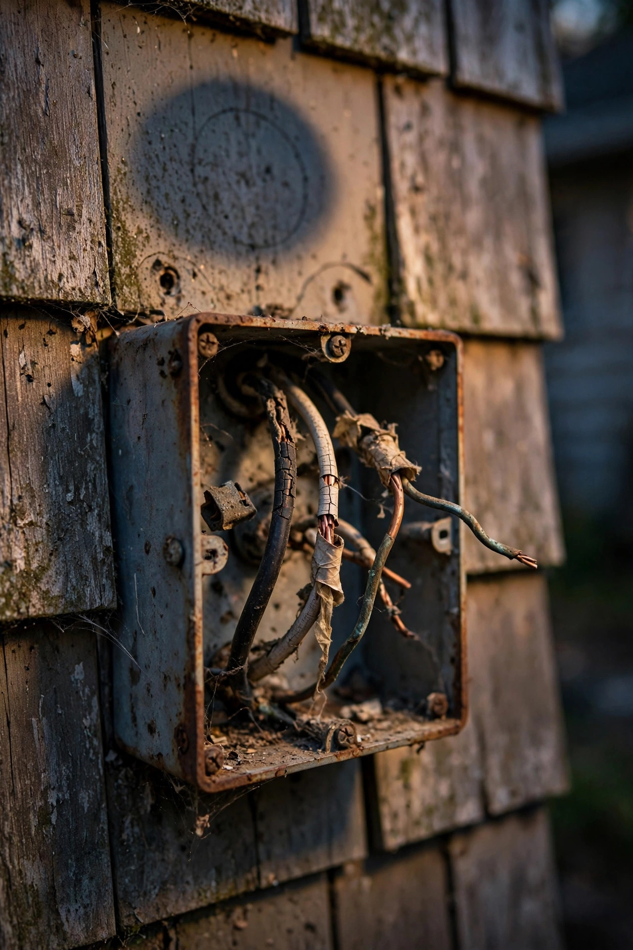 Close-up of an old outdoor junction box behind a removed porch light, showing aged wiring an electrician may need to repair before installing a new fixture