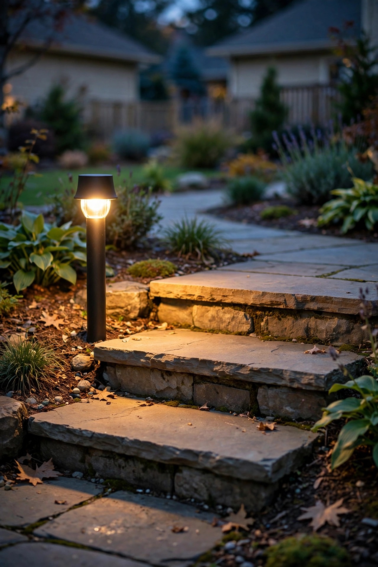 Close dusk view of a single warm path light guiding a stone walkway in a suburban front yard, steps clearly lit for safety