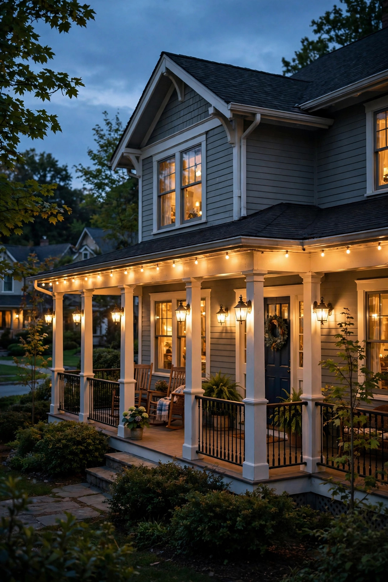 Consistent warm porch lighting repeated around every side of a wraparound porch at dusk