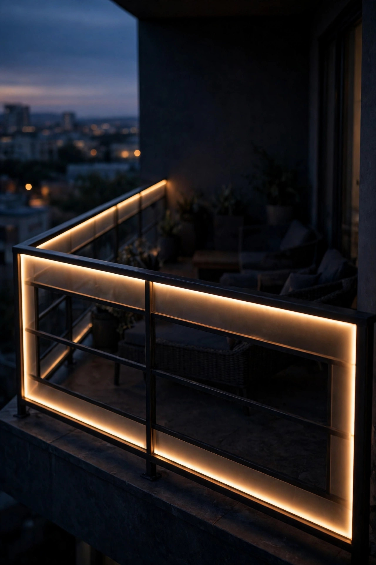 Balcony railing glowing warmly at dusk while the seating area behind it stays dim and shadowed, showing the bright edge dim middle privacy effect