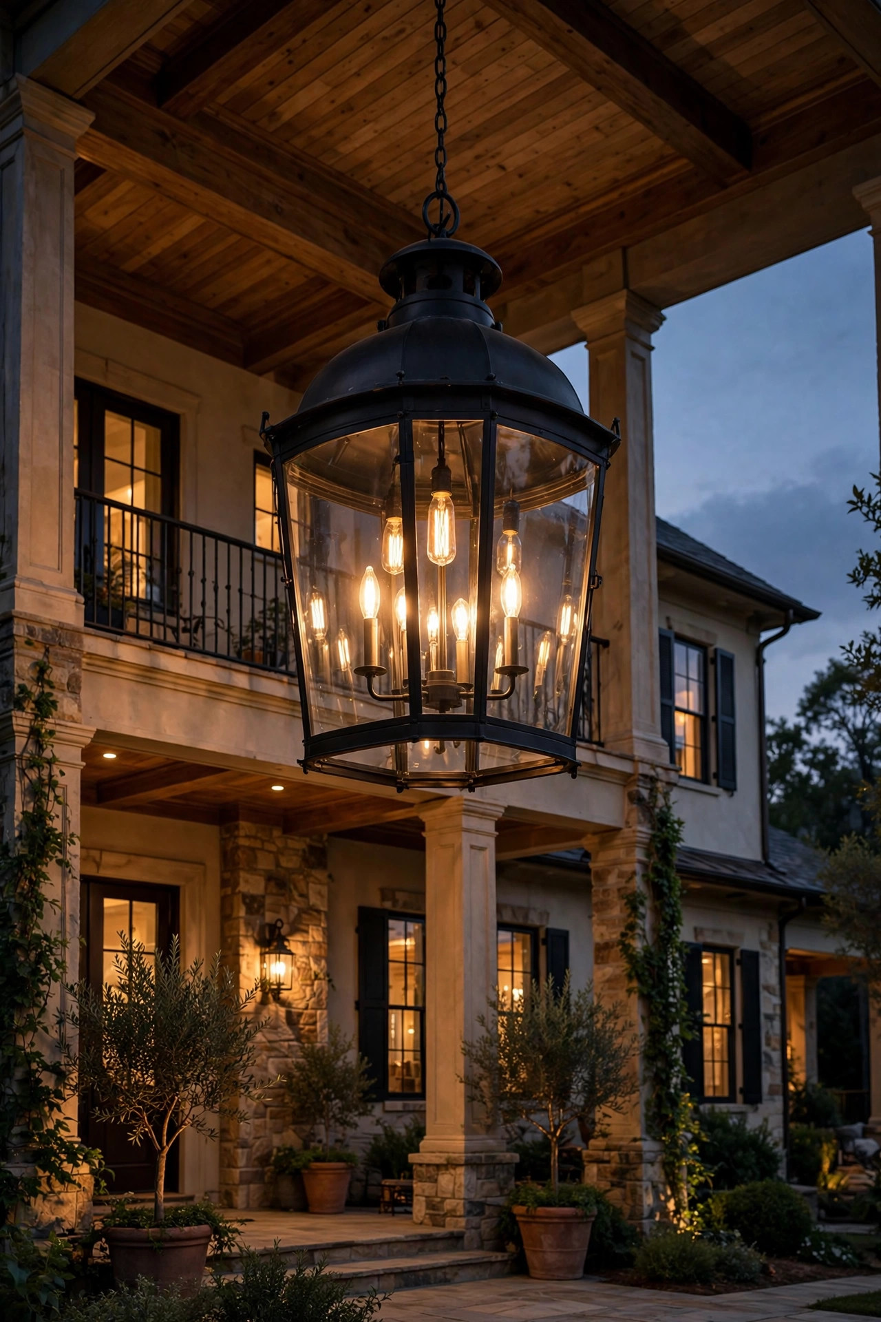 Oversized black pendant lantern with warm LED filament bulbs hanging from a tall two-story portico ceiling