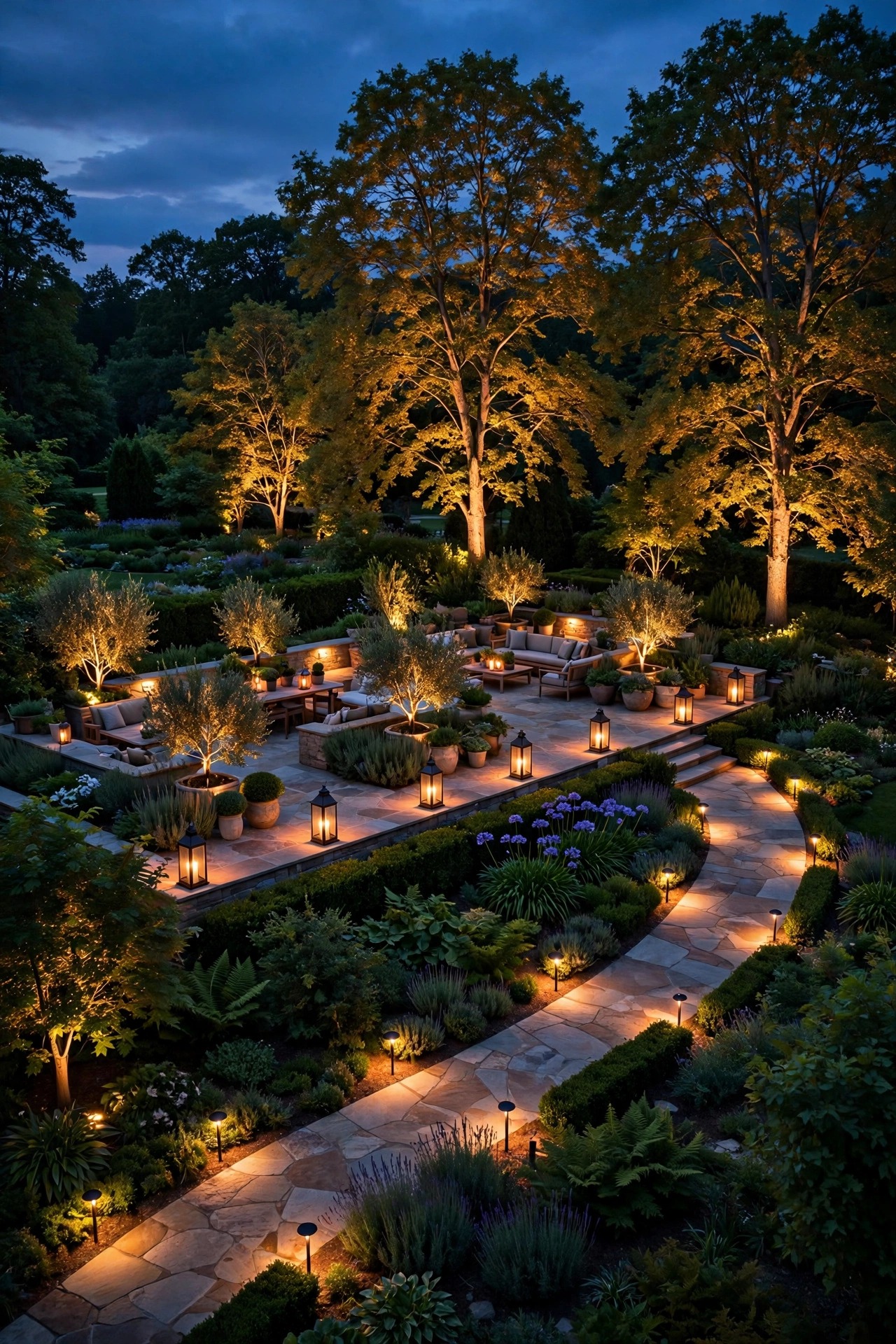 A hand-drawn landscape lighting plan on paper showing guidance, welcome, and accent layers marked around trees, paths, and a patio