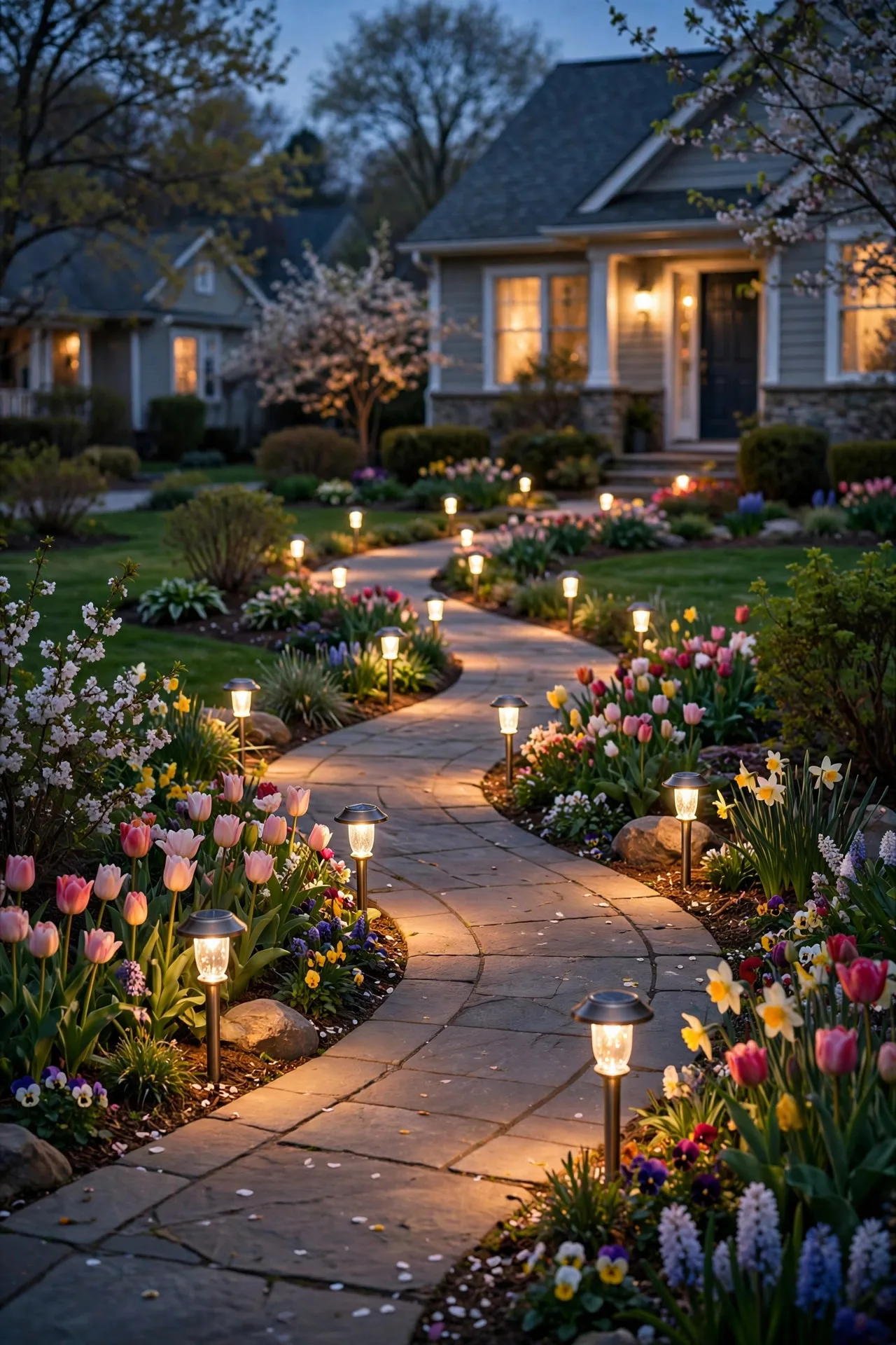 Solar LED path lights lining a curved front walkway at dusk, alternating sides, with blooming spring flower beds