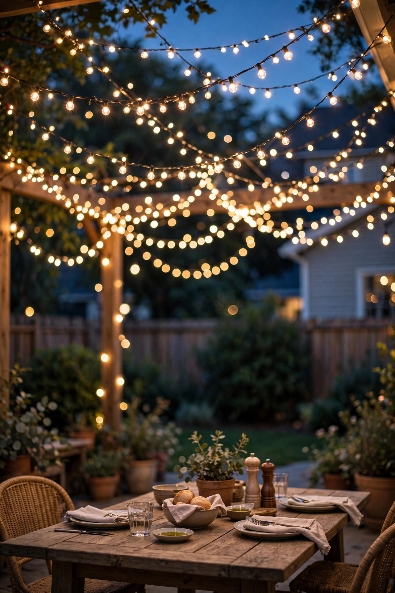 Outdoor patio canopy of warm white fairy lights swagged above a dining table at dusk