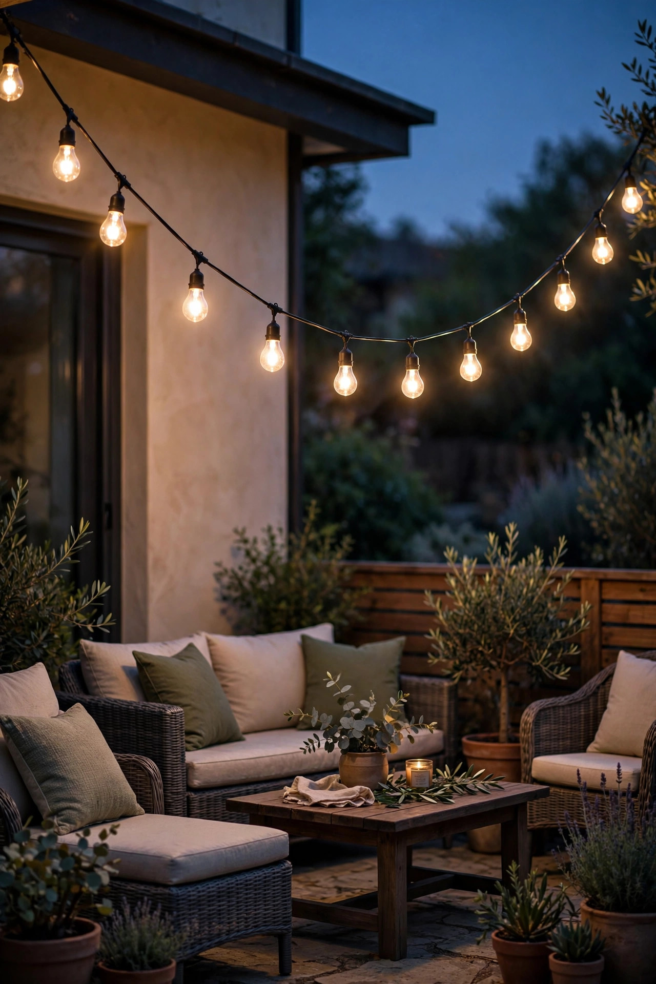 Single swag of edison bulb string lights hanging in a gentle curve over a patio seating area at twilight