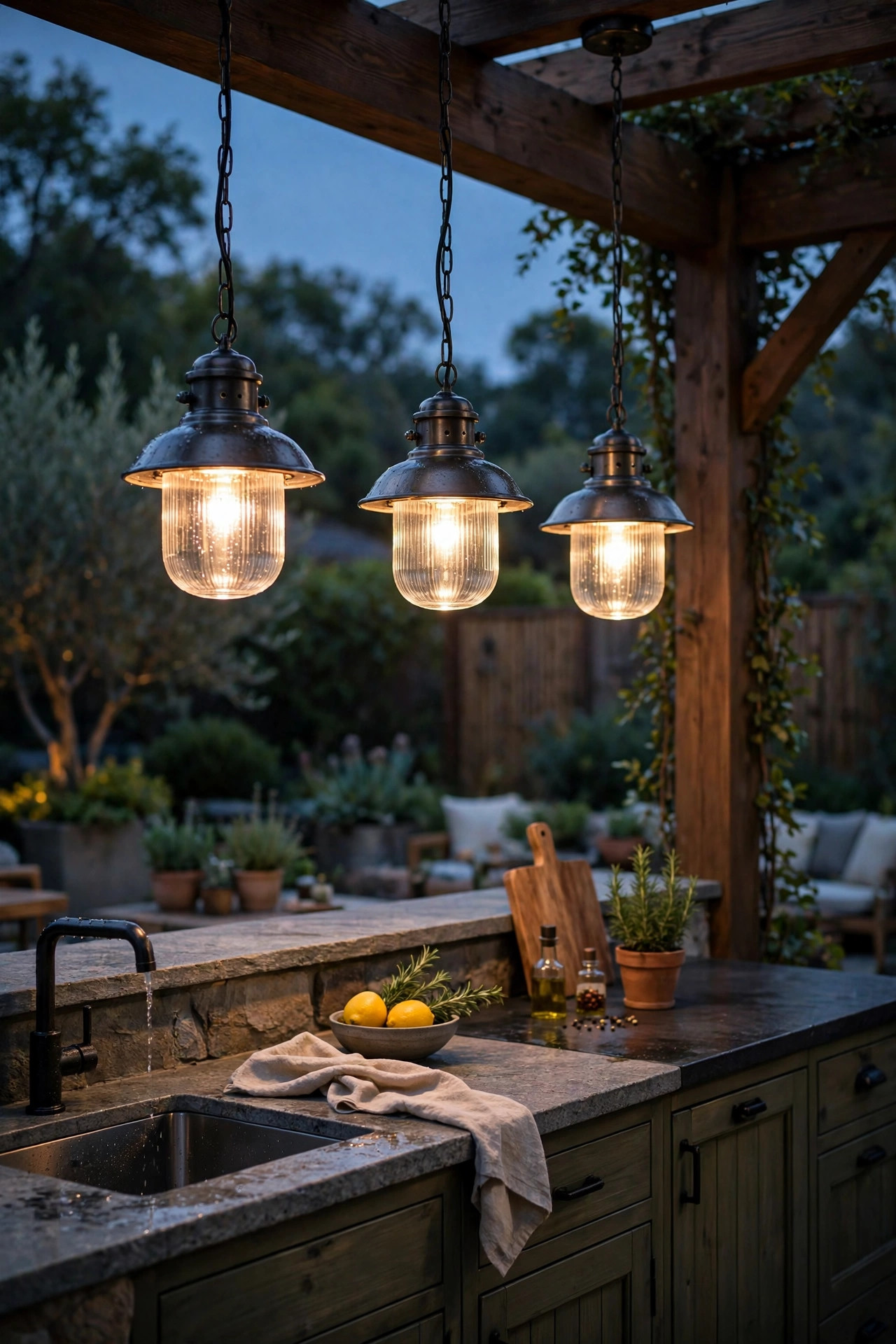 Three wet-rated metal pendant lights hanging over an outdoor kitchen island counter at dusk