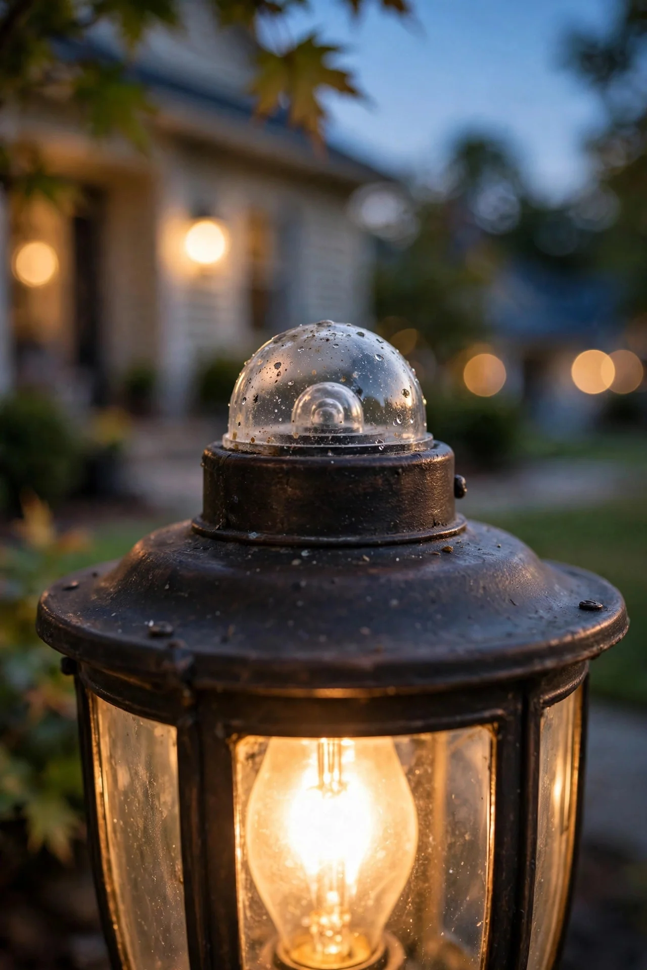 Close-up of a small photocell sensor dome on an outdoor porch light fixture at dusk