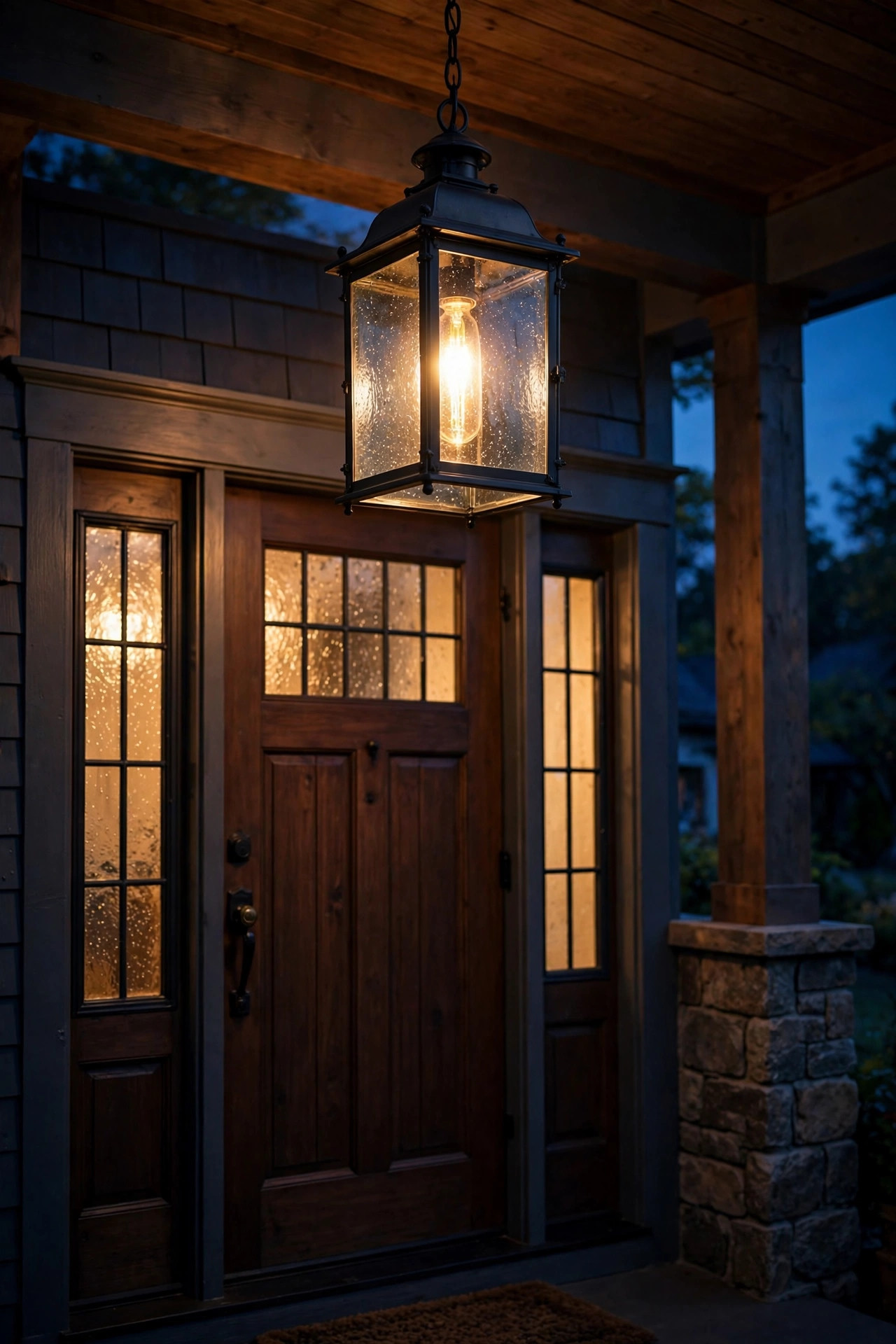 Classic black lantern pendant light glowing warmly above a front porch door at dusk
