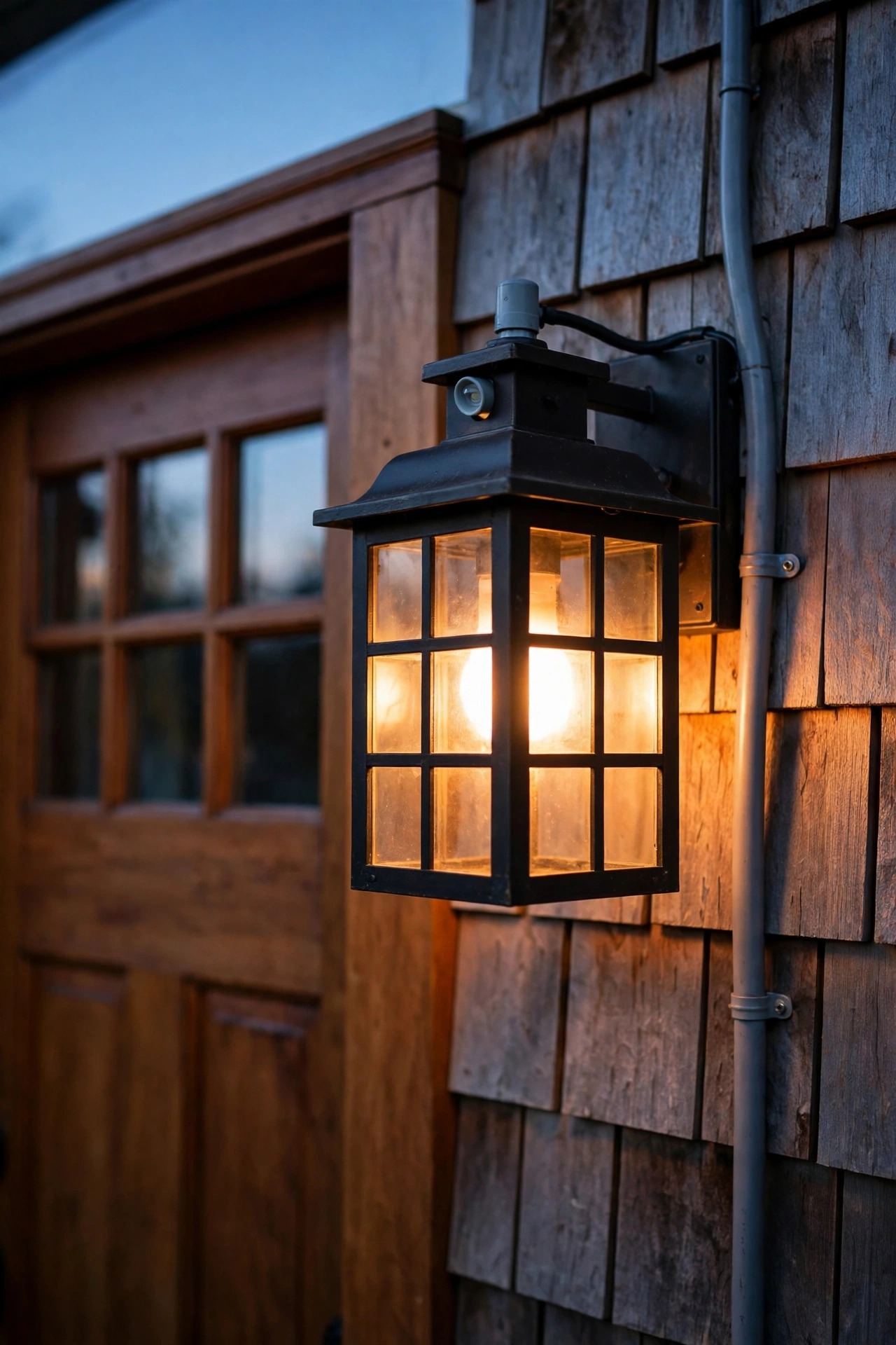 Photorealistic dusk close view of a wired porch lantern with a built-in photocell glowing warm white beside a craftsman front door, early evening blue sky