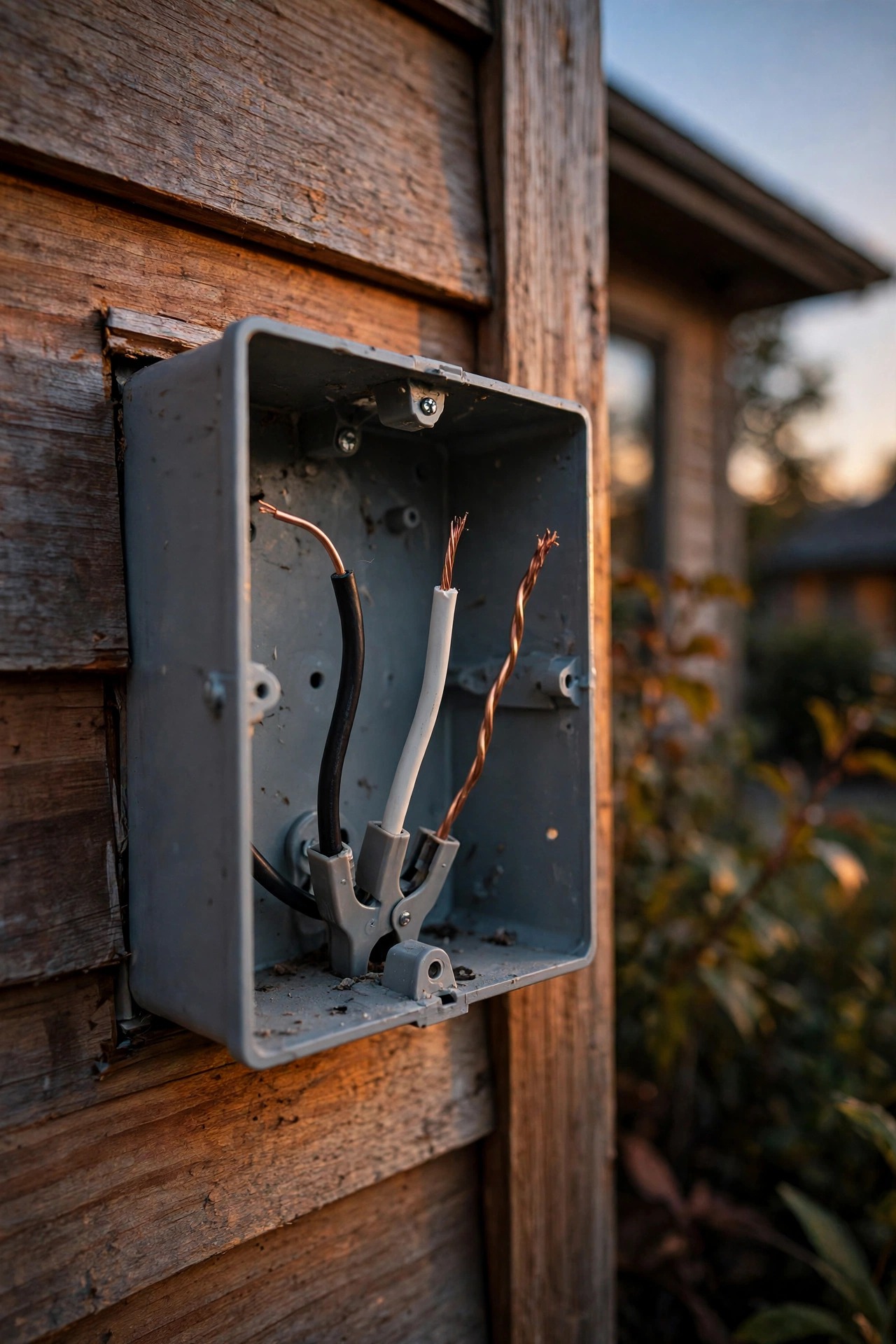 Close-up of an open porch light junction box showing black hot wire, white neutral wire and bare copper ground wire