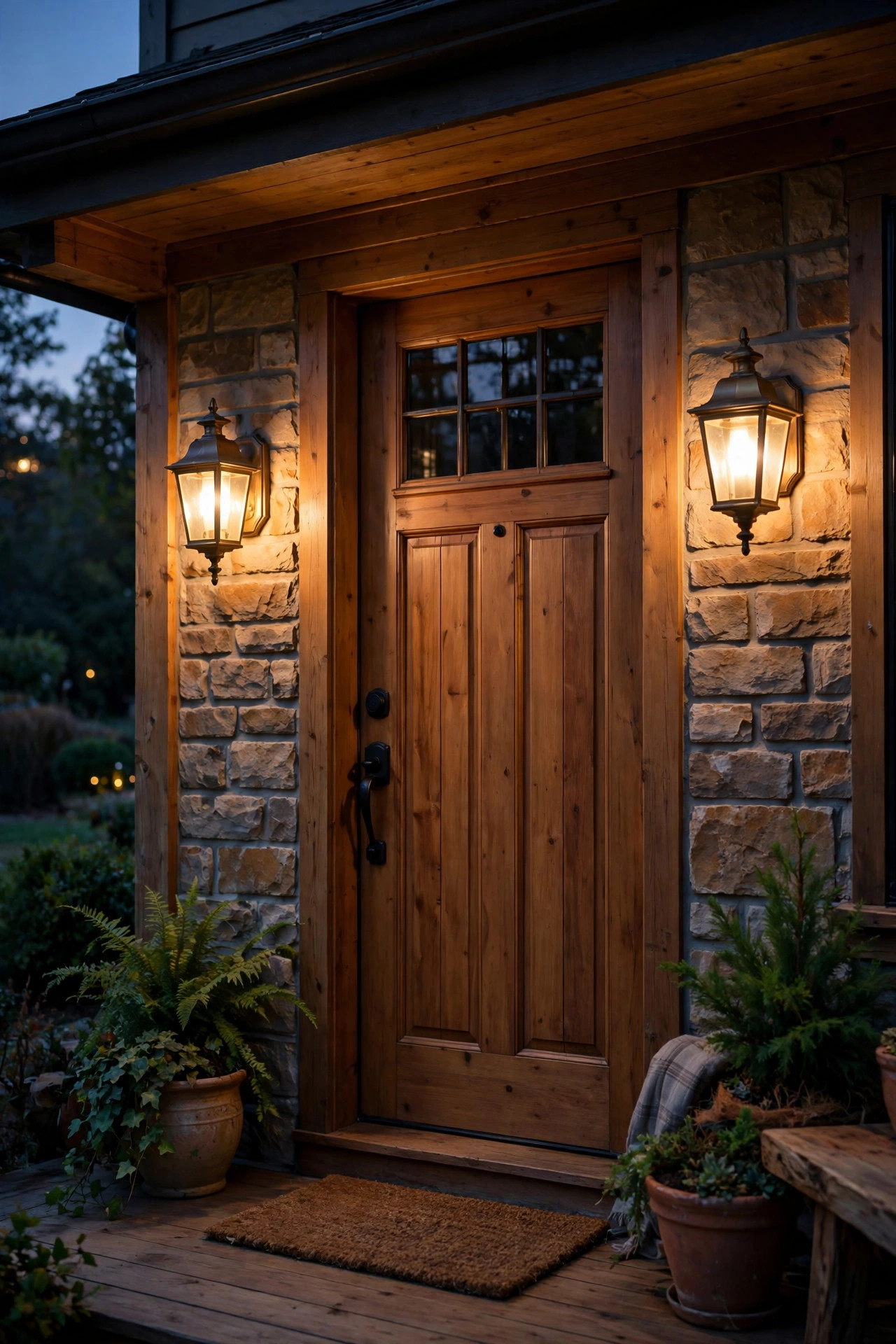 Pair of warm porch sconces beside a front door glowing softly at low dim on a cozy evening porch