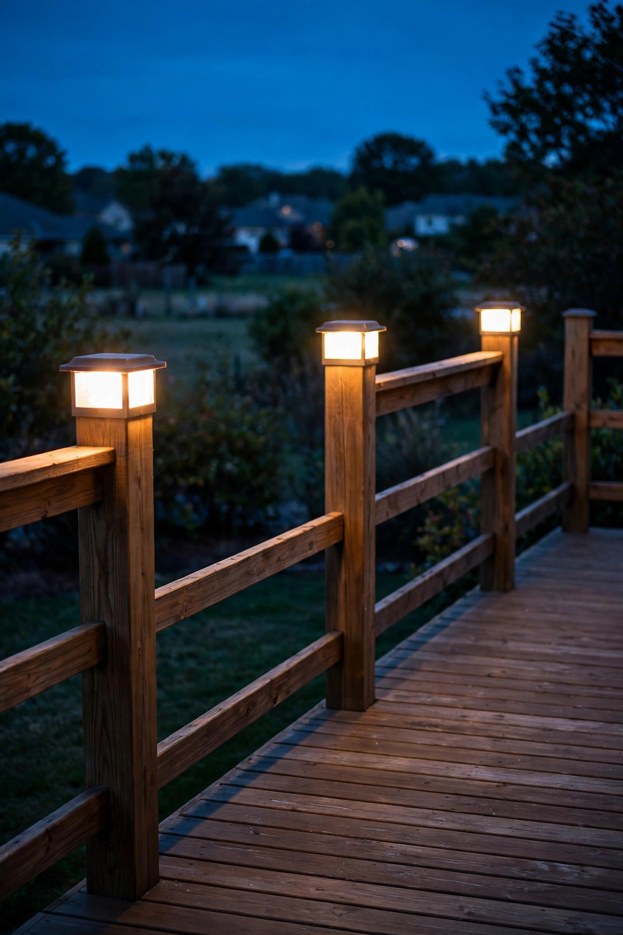 Wooden deck railing posts with glowing white post cap lights at dusk