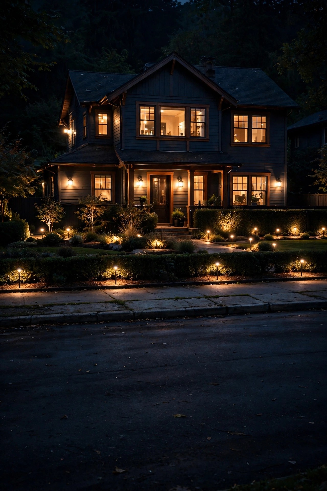 View from a sidewalk at night looking back at a warmly lit house, checking outdoor lights for glare and spill at the property line