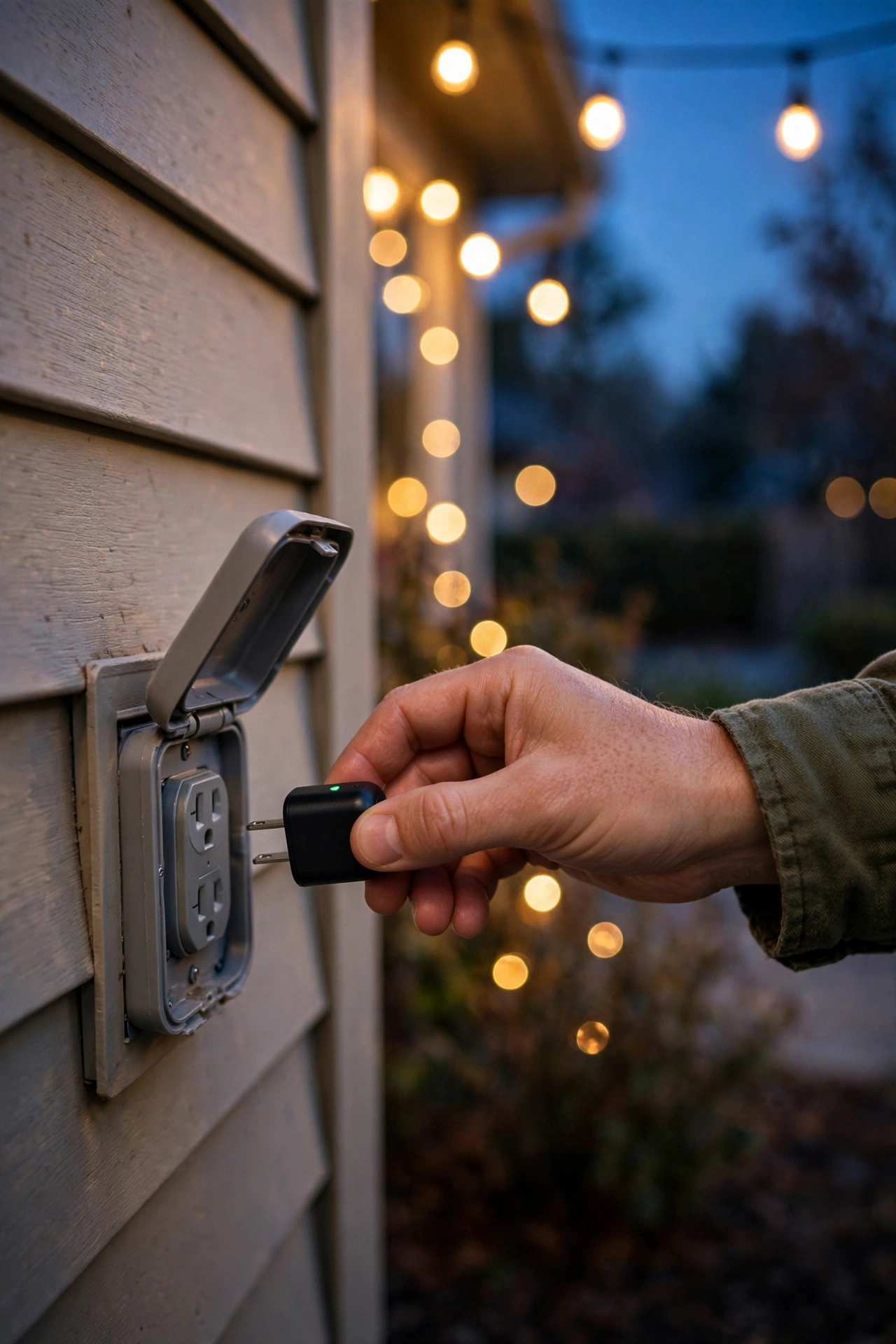 Hand plugging a smart plug into an outdoor outlet with string lights glowing behind it at dusk