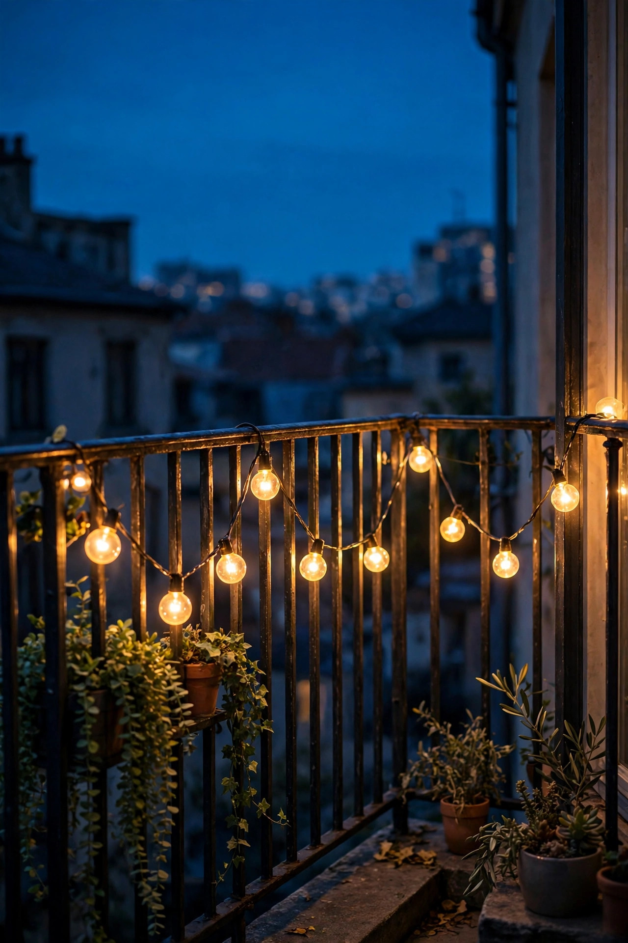 Warm white string lights wrapped along both railings of a corner balcony, meeting neatly at the corner post at dusk