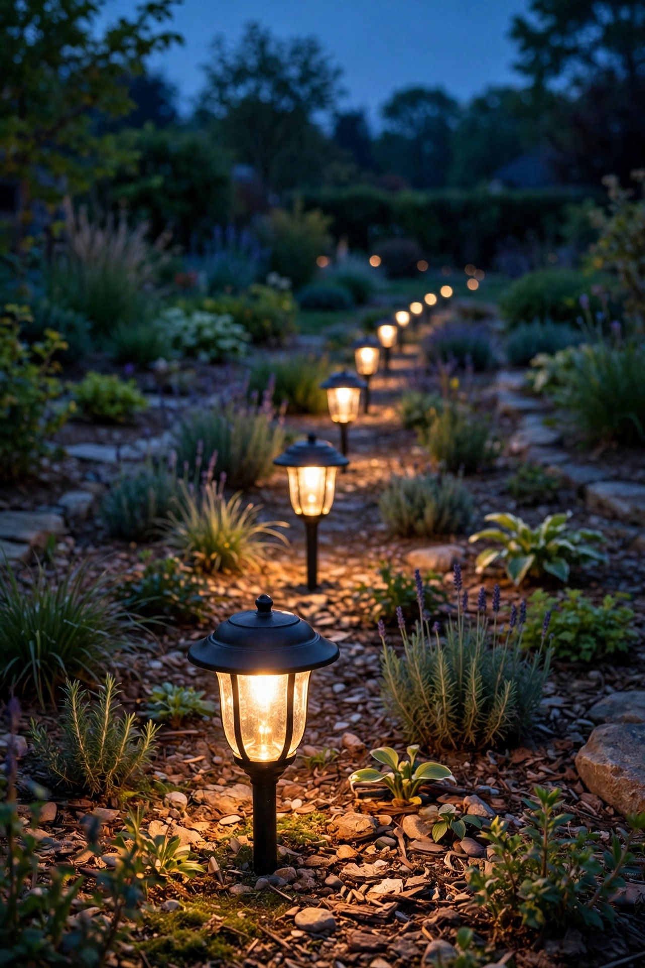 Row of landscape path lights along a garden bed at dusk with the nearest lights glowing steady and warm while distant lights look dimmer