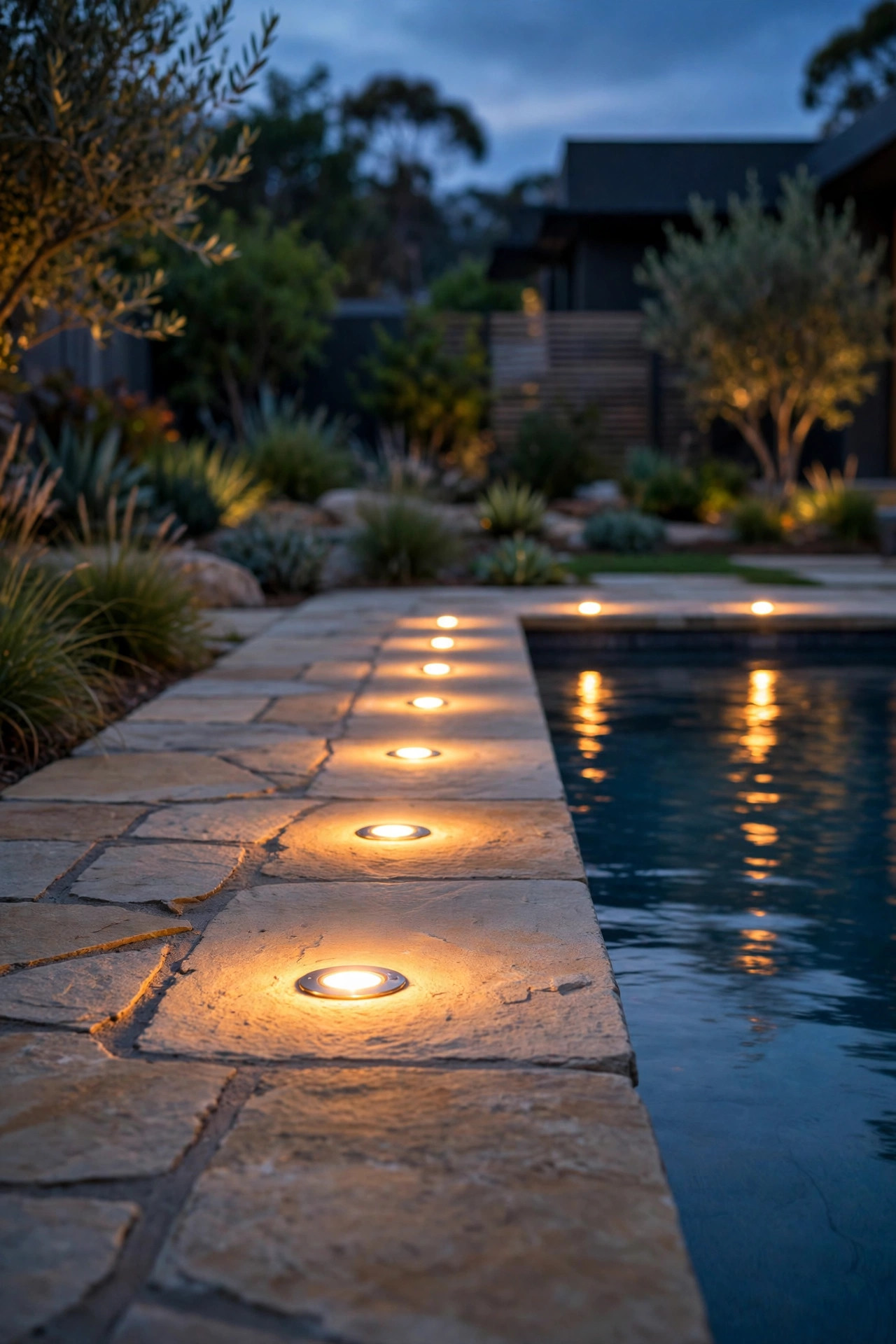Recessed in-ground deck lights set flush into pavers glowing warm along the edge of a backyard pool at dusk