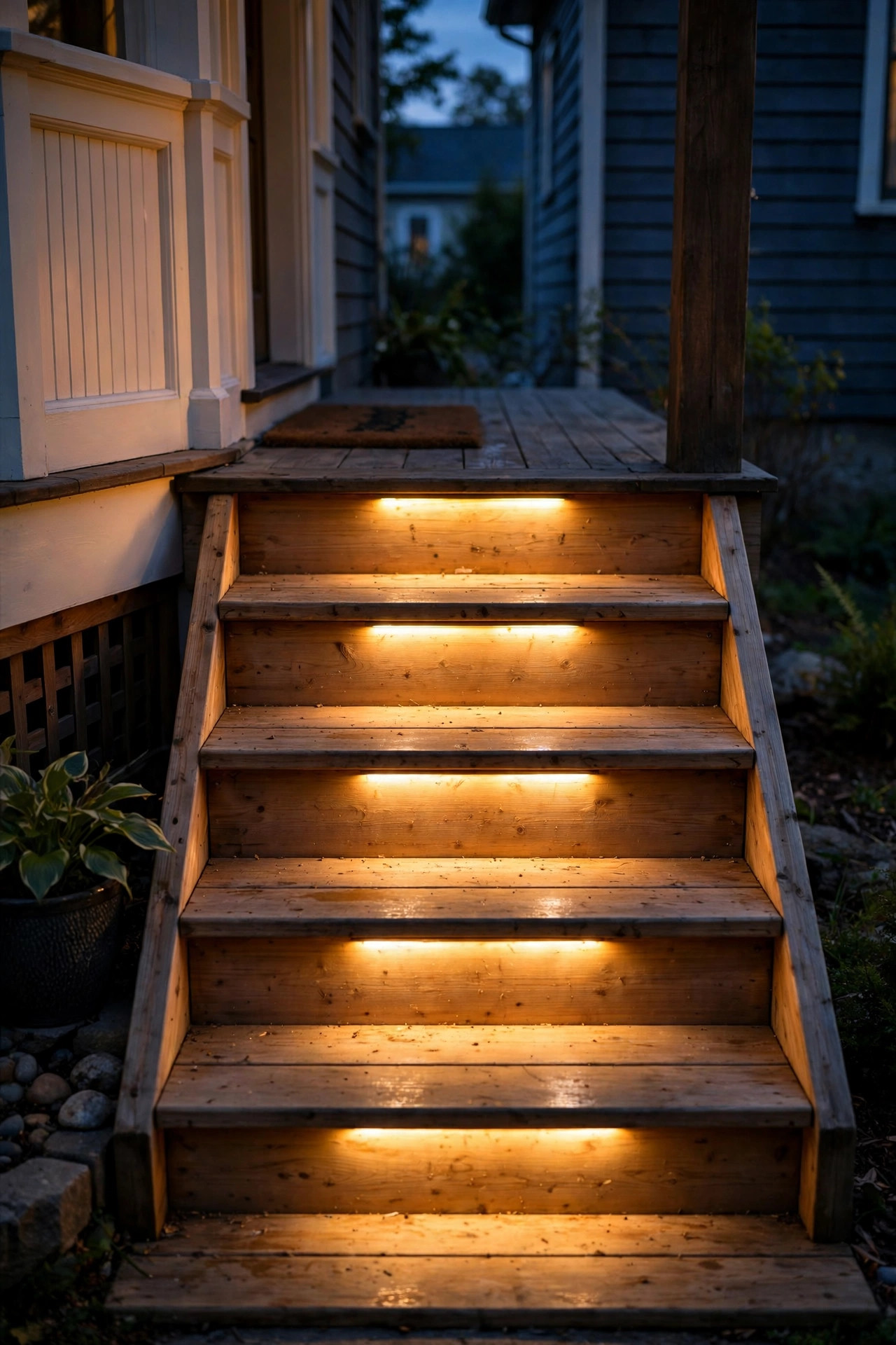 Recessed riser lights set flush into wooden stair risers casting warm pools of light across each tread at night