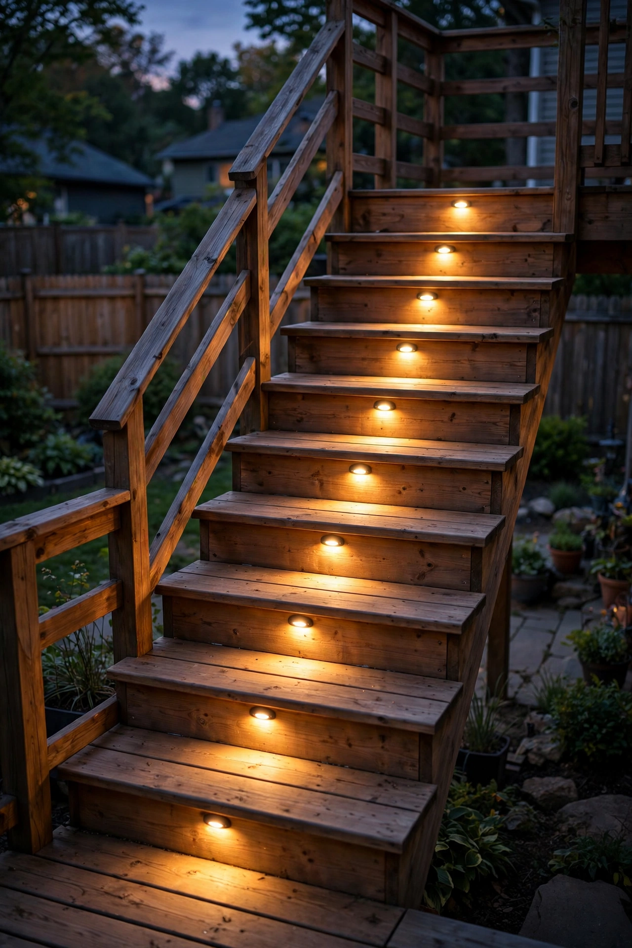 Recessed deck stair lights in wooden stair risers glowing warm at dusk