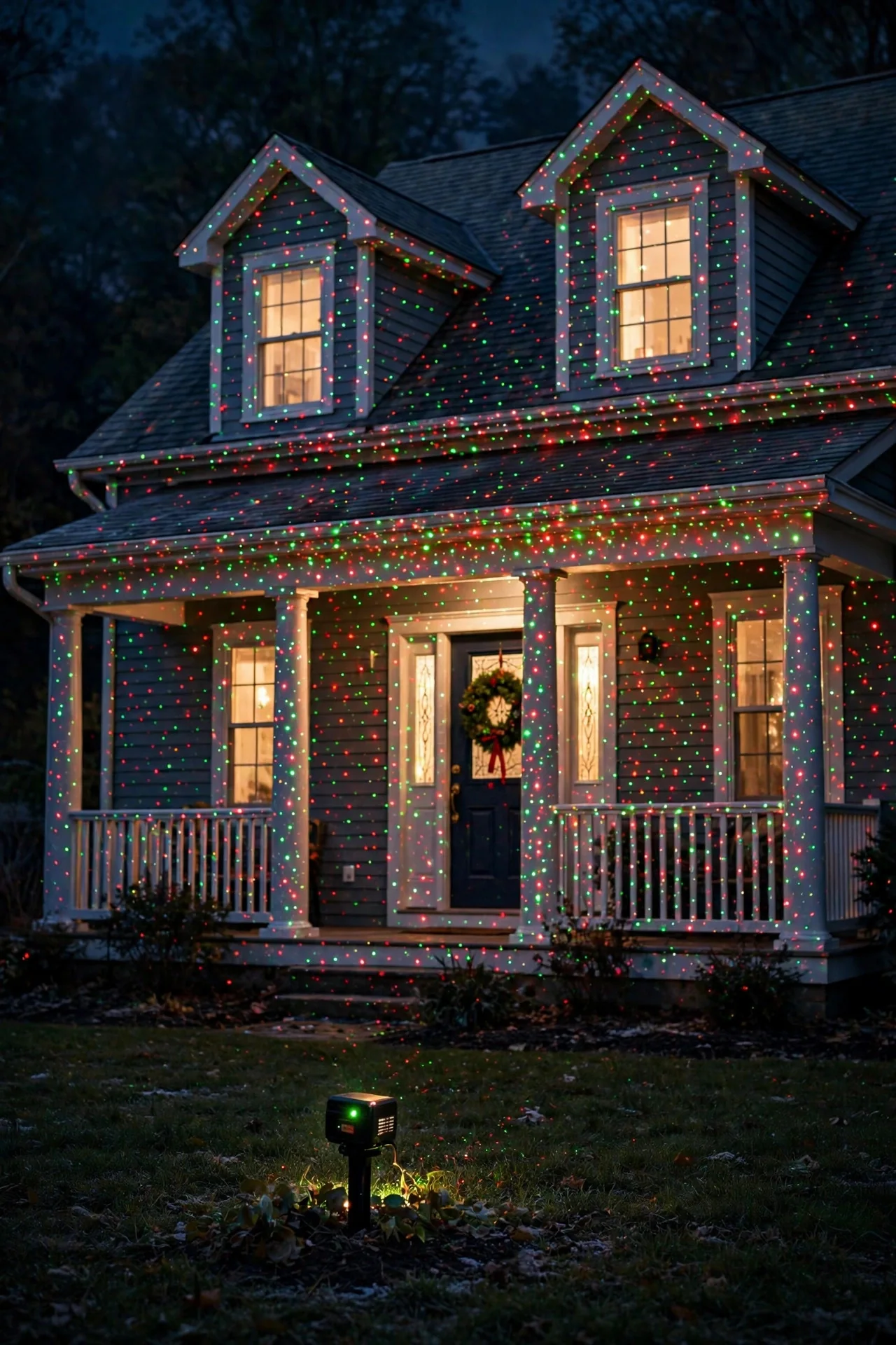 Classic red and green Christmas laser dots projected across the front of a cozy house at night