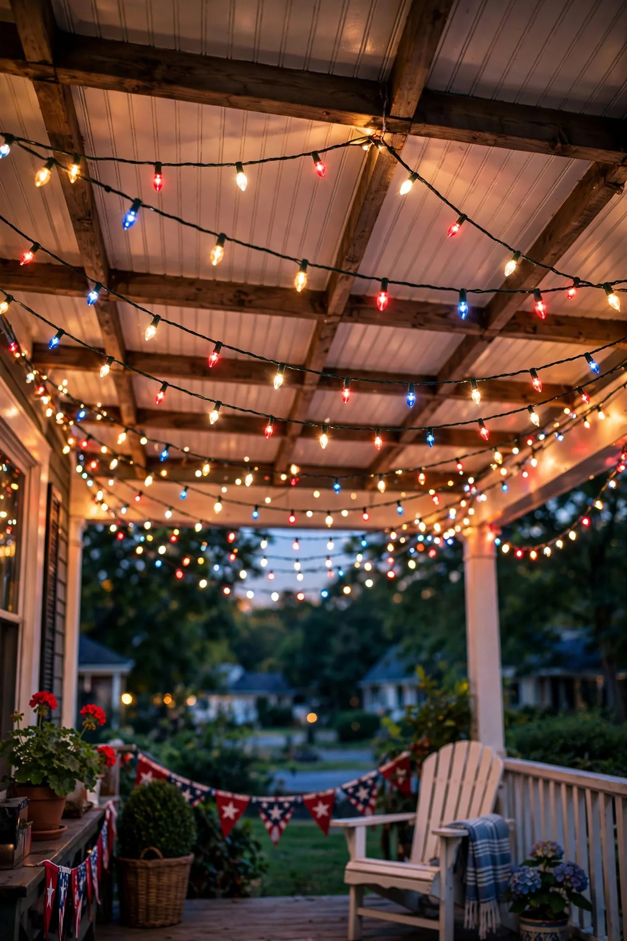 Red, white, and blue mini string lights crisscrossing a porch ceiling for Fourth of July outdoor lighting