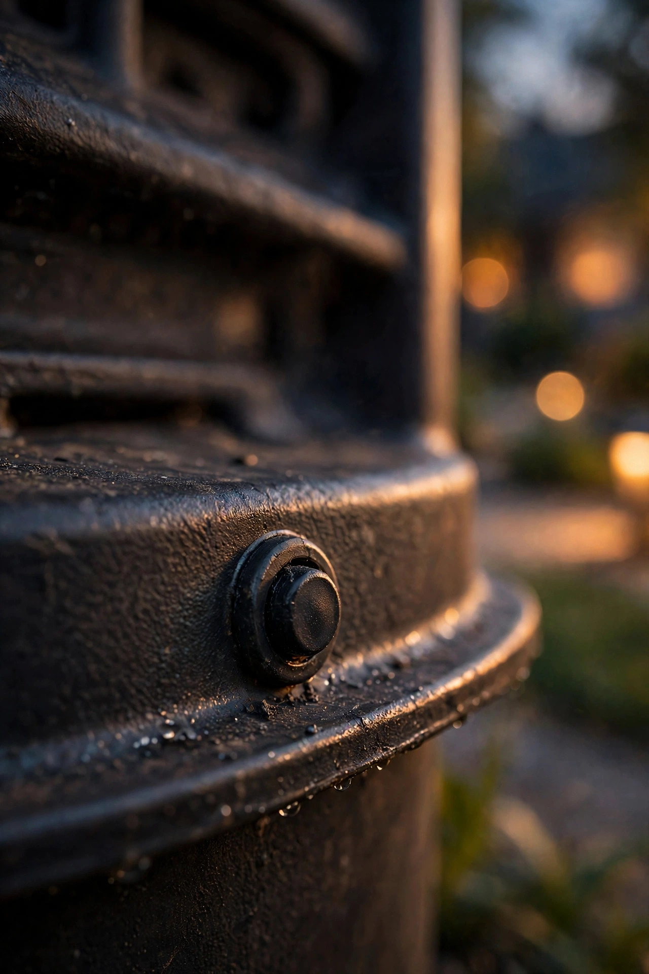 Close-up of a finger pressing the small reset breaker on the bottom of a landscape lighting transformer at dusk