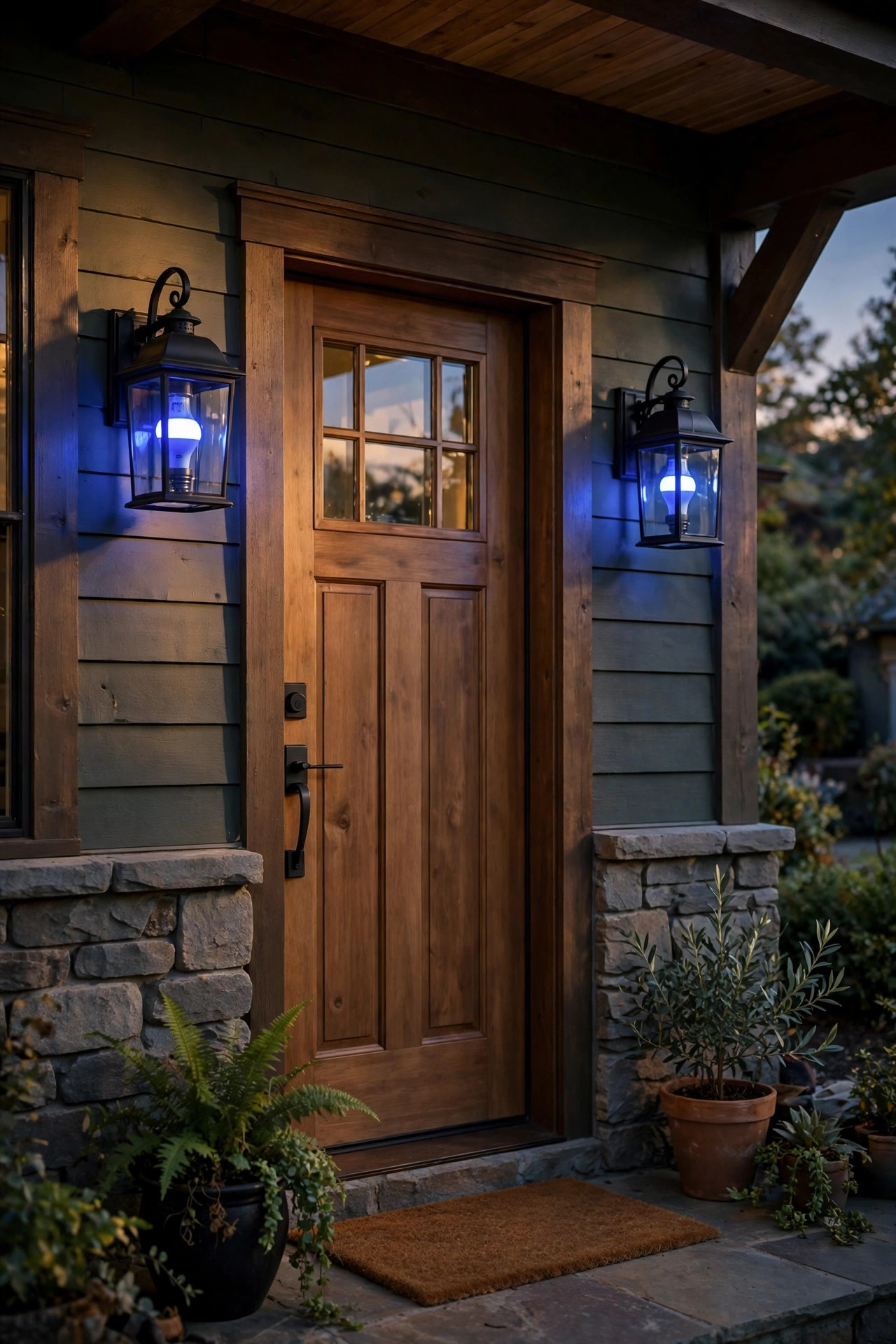 Front porch lanterns glowing with color-changing smart bulbs in deep blue beside a welcoming front door at dusk