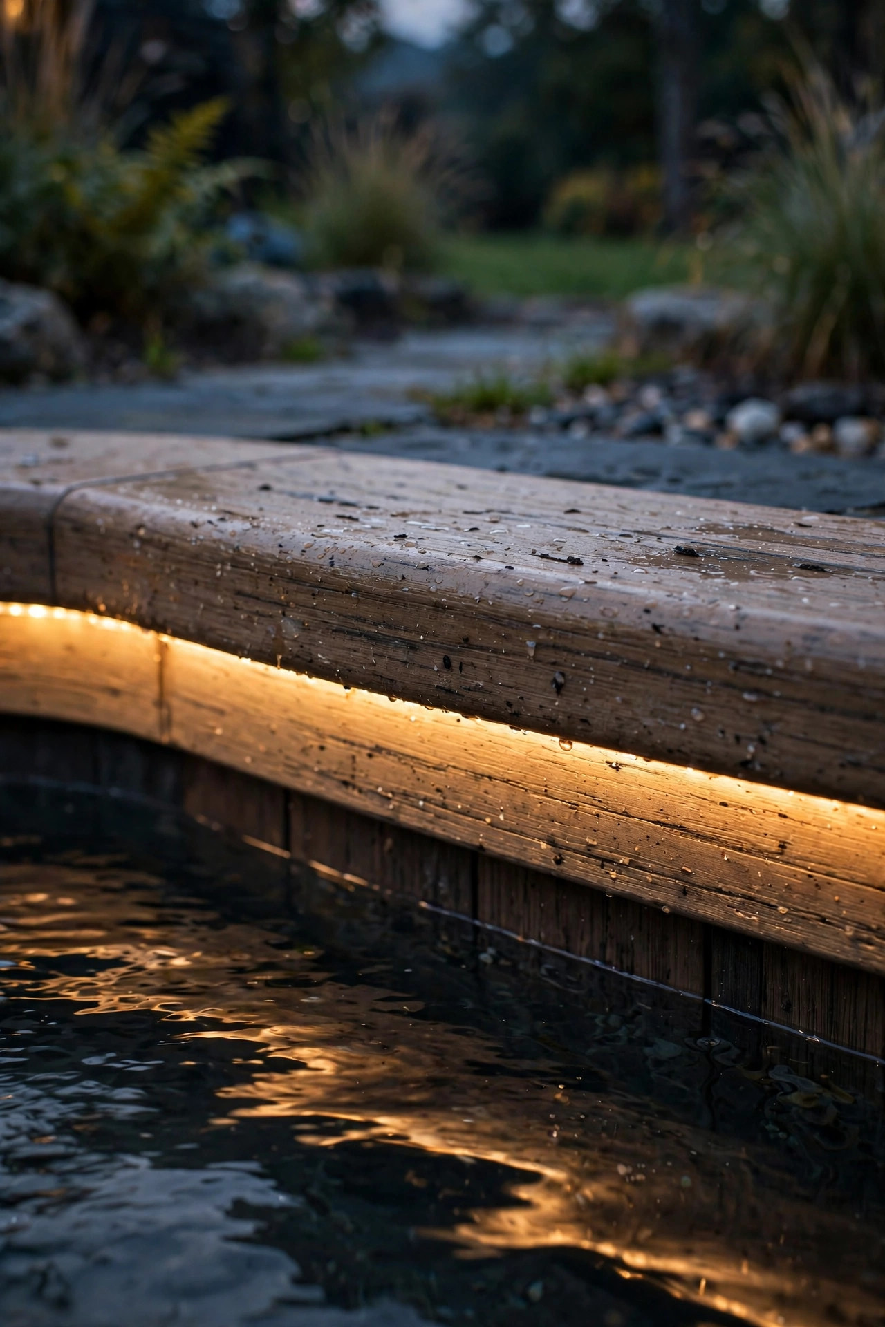 Close-up of a swim spa rim with a warm LED strip light glowing beneath the edge at dusk