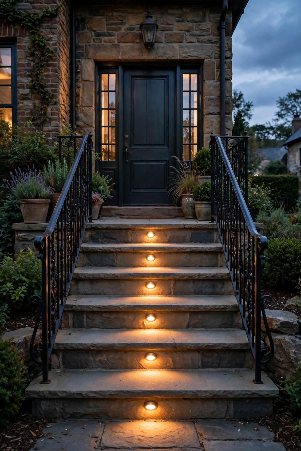 Classic riser-mounted recessed step lights centered on each step of a front entry staircase at dusk