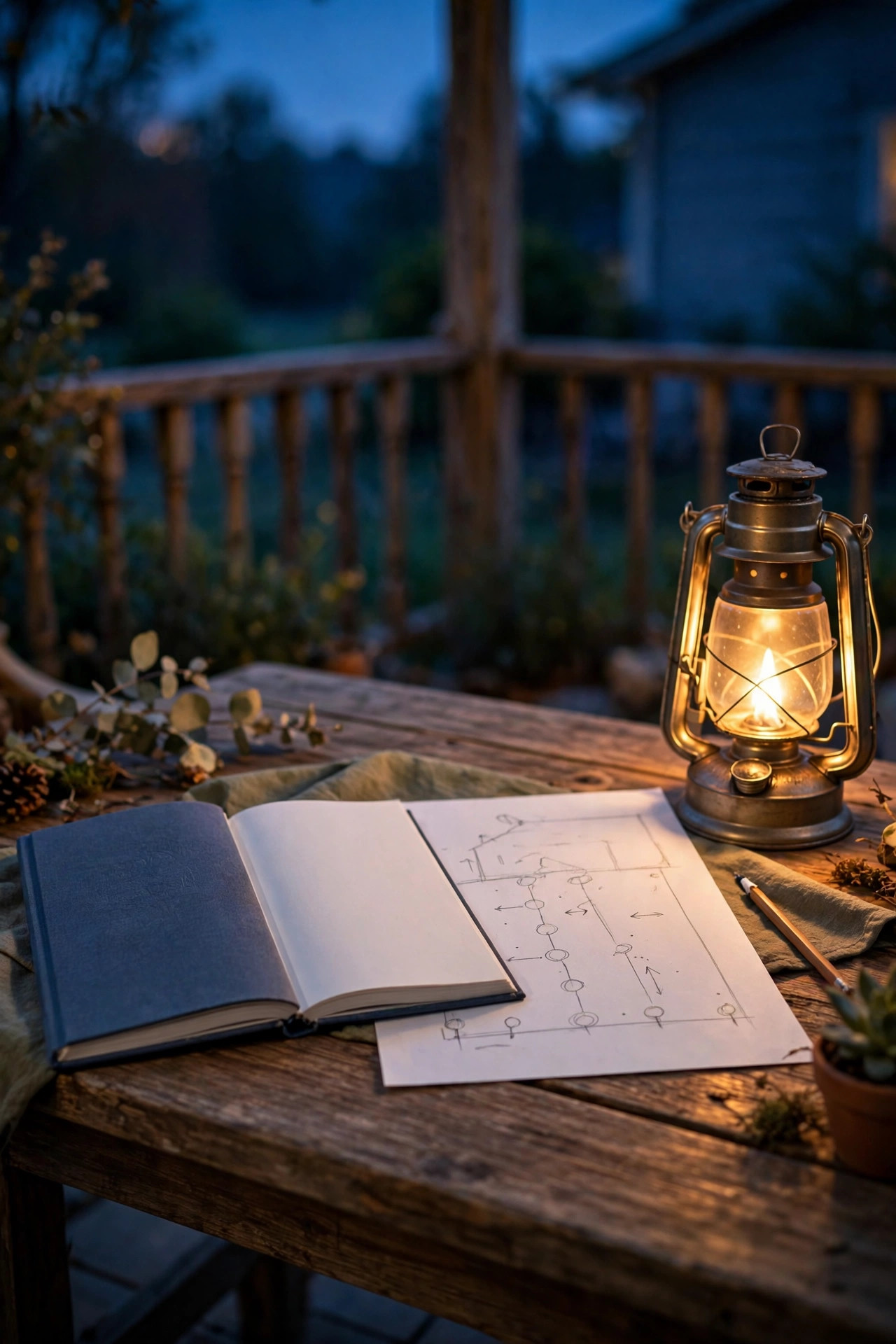 HOA rulebook and a simple yard lighting sketch on a porch table beside a warm lantern at dusk