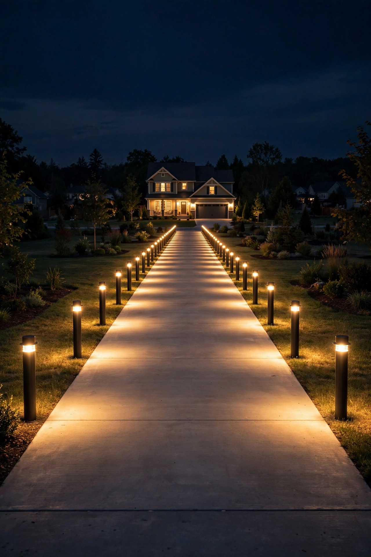 Symmetrical rows of driveway bollard lights lining both edges of a straight concrete driveway at night