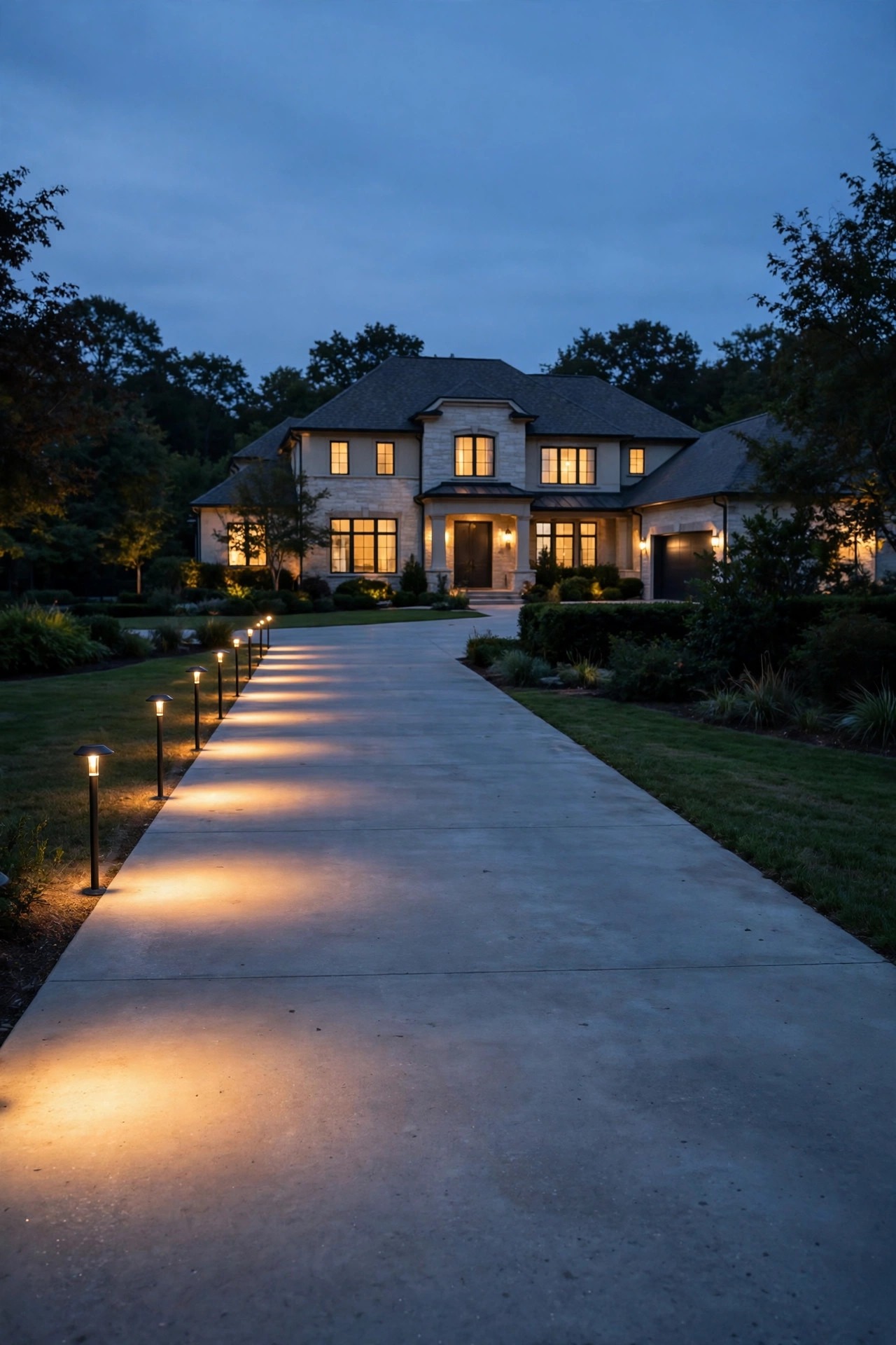 Long driveway at dusk with warm path lights spaced wide apart along one side only, soft separate pools of golden light on the concrete, calm and elegant suburban home behind