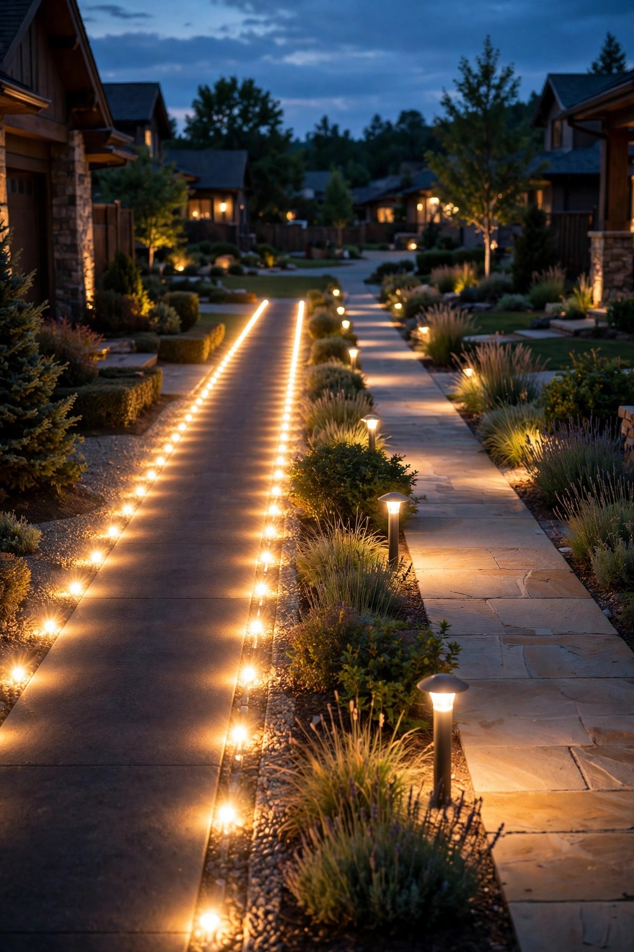 Two front walkways at dusk side by side, one with lights crowded every few feet glaring like a runway, the other with wide even spacing glowing softly