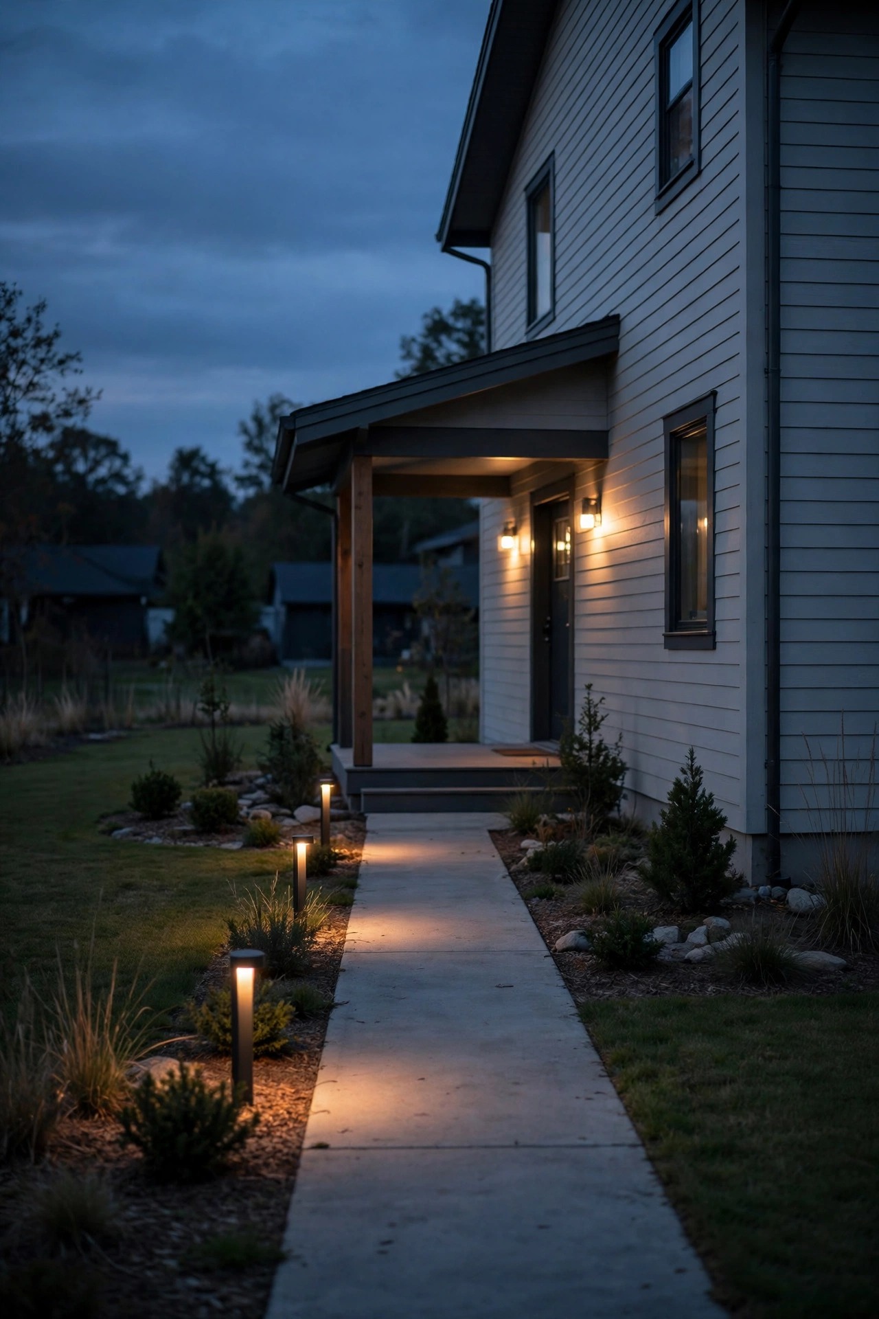 Yard at dusk after a lighting edit with only a few warm fixtures left along the path and porch, calm and minimal suburban exterior