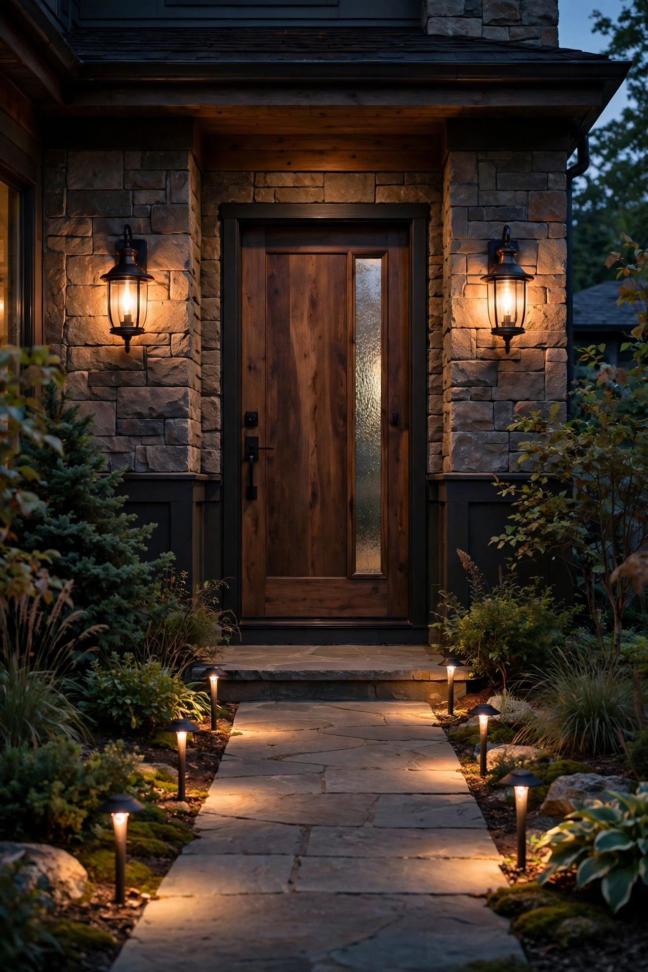Pair of warm wall sconces flanking a front door with low-voltage path lights lining the walkway