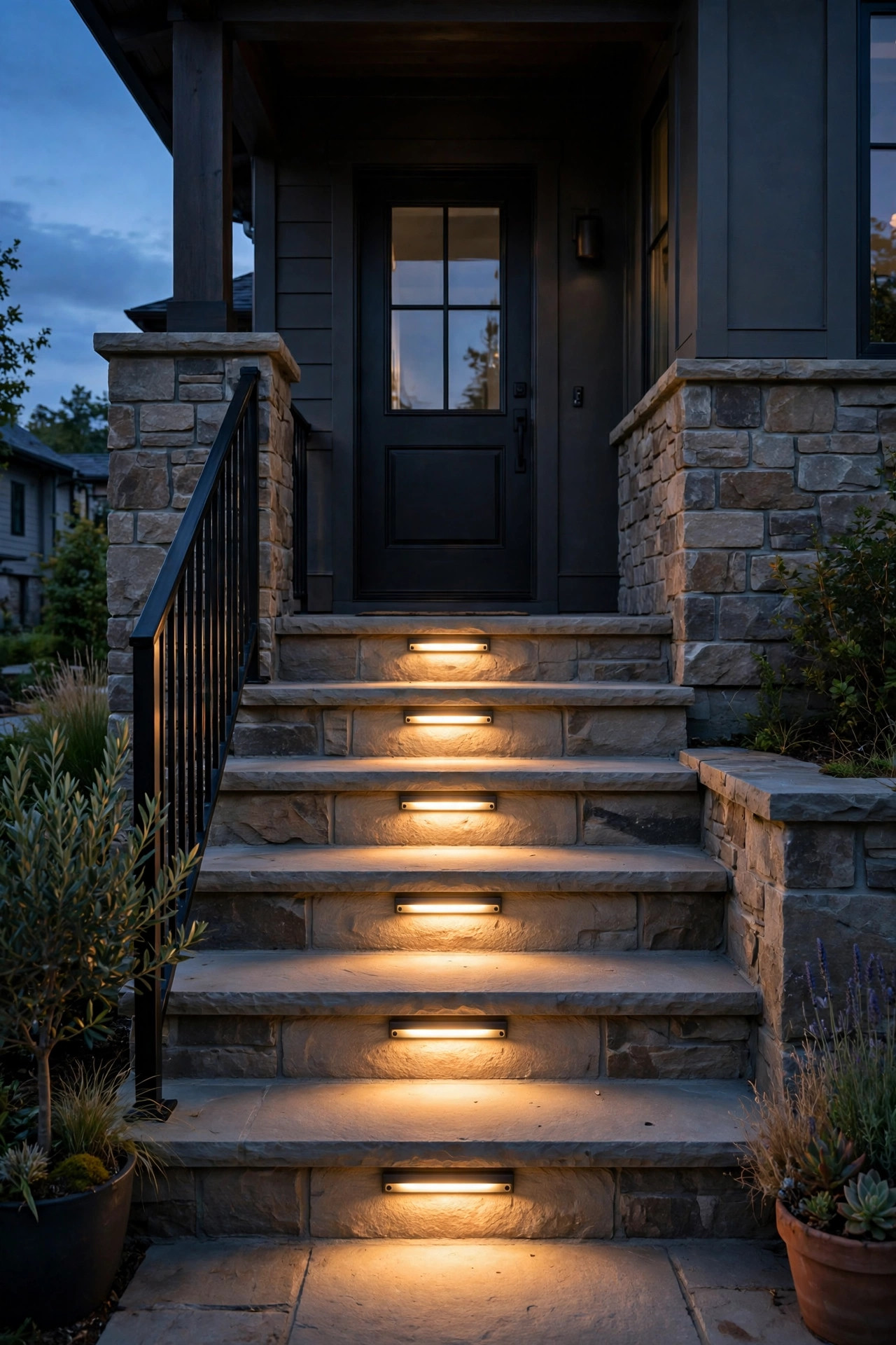 Slim screw-on surface mount riser lights centered on each step of a front entry staircase at dusk