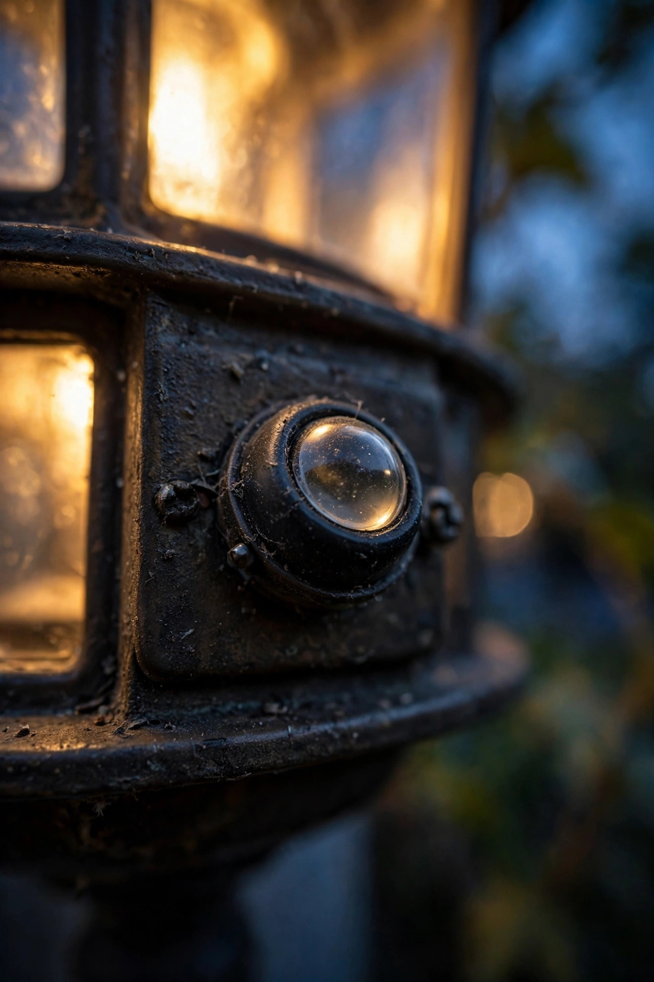 Close-up of a small round photocell sensor eye on an outdoor wall lantern at twilight