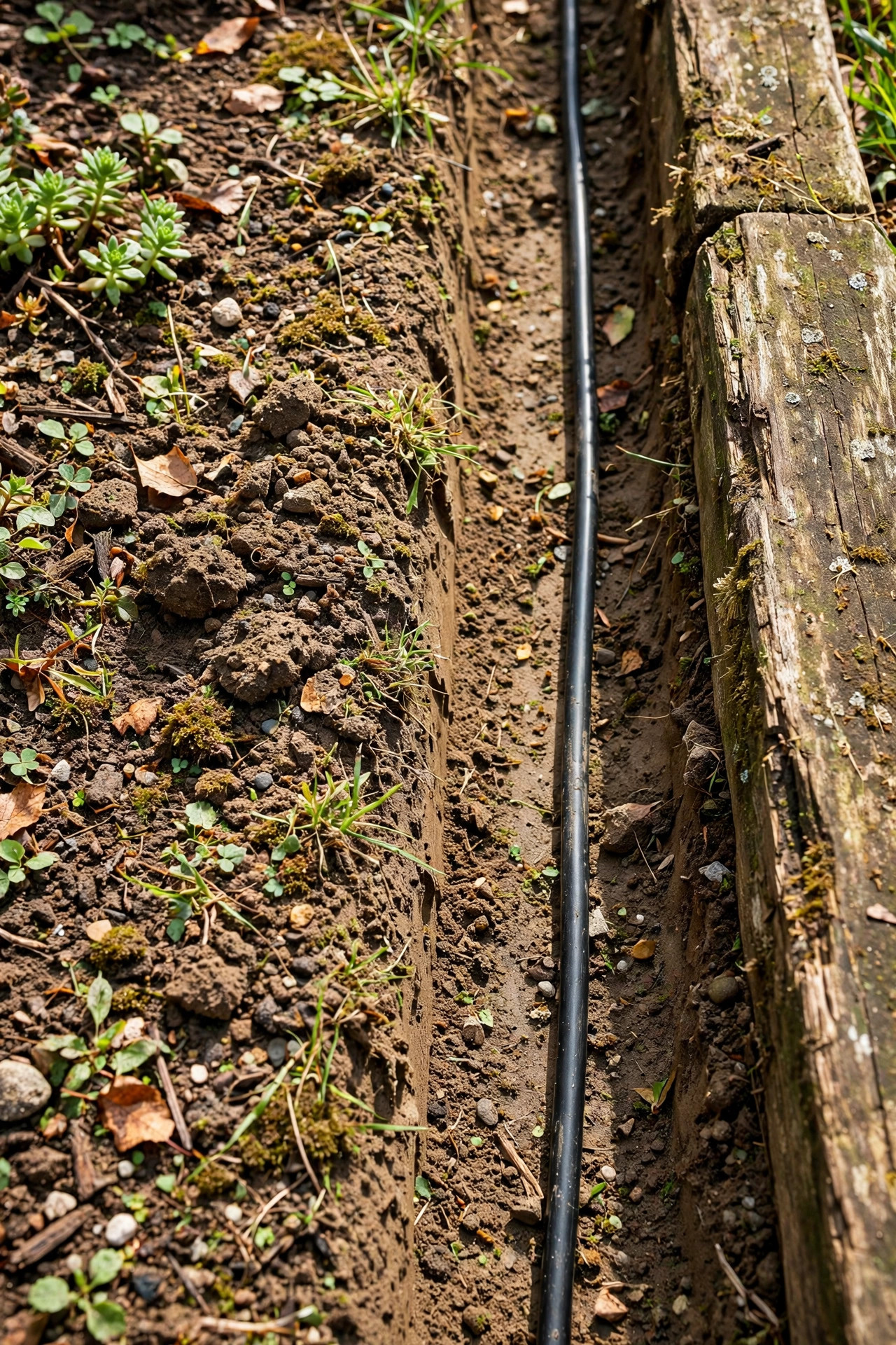 Close view of a shallow six-inch trench with black low-voltage cable laid neatly along a garden bed edge