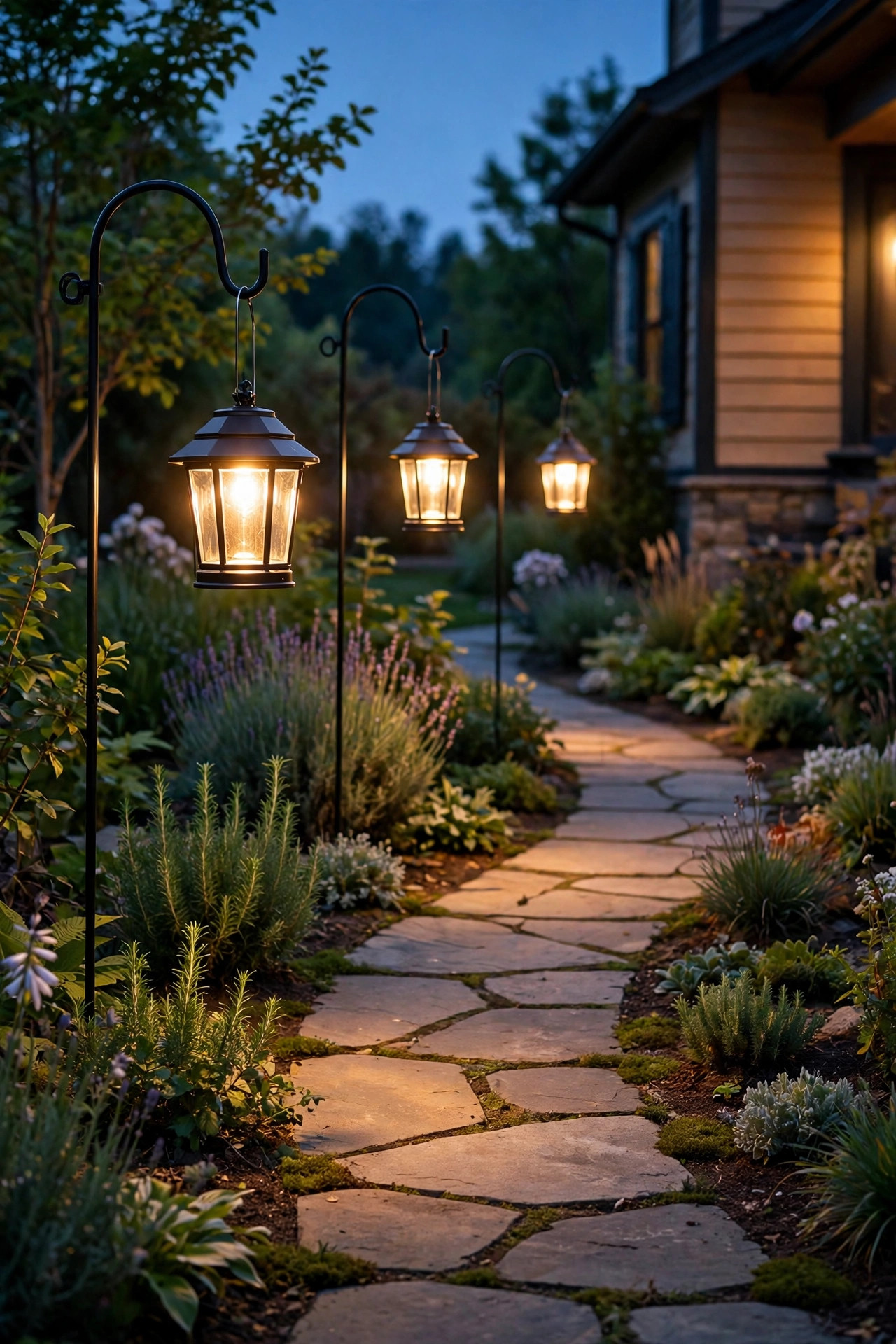 Solar lanterns hanging from shepherd's hooks along a curving garden path at dusk