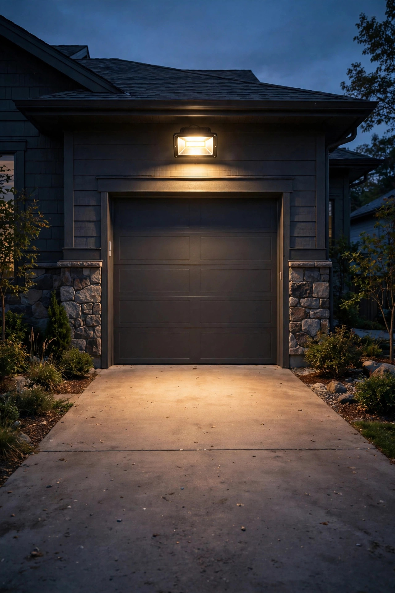 Fully shielded full-cutoff LED security flood light mounted over a garage door casting a neat downward pool of warm light on the driveway