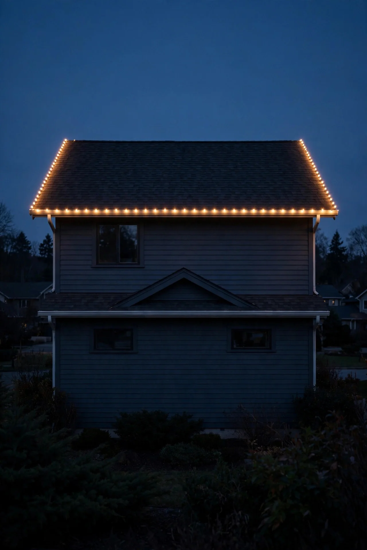 Single straight strand of warm-white Christmas lights along a house roofline at dusk