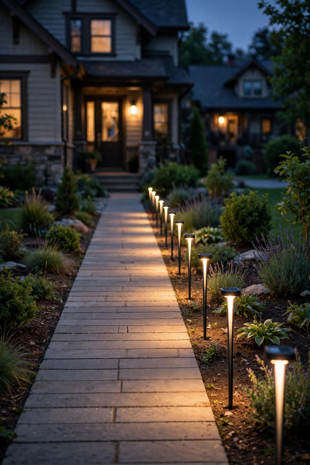Slim solar stake lights in a single row glowing warm white along one edge of a narrow front walkway at dusk
