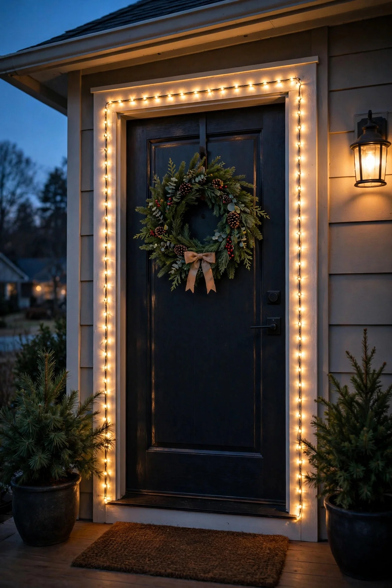 Front door frame outlined with a single strand of warm white mini LED Christmas lights and a fresh evergreen wreath at dusk