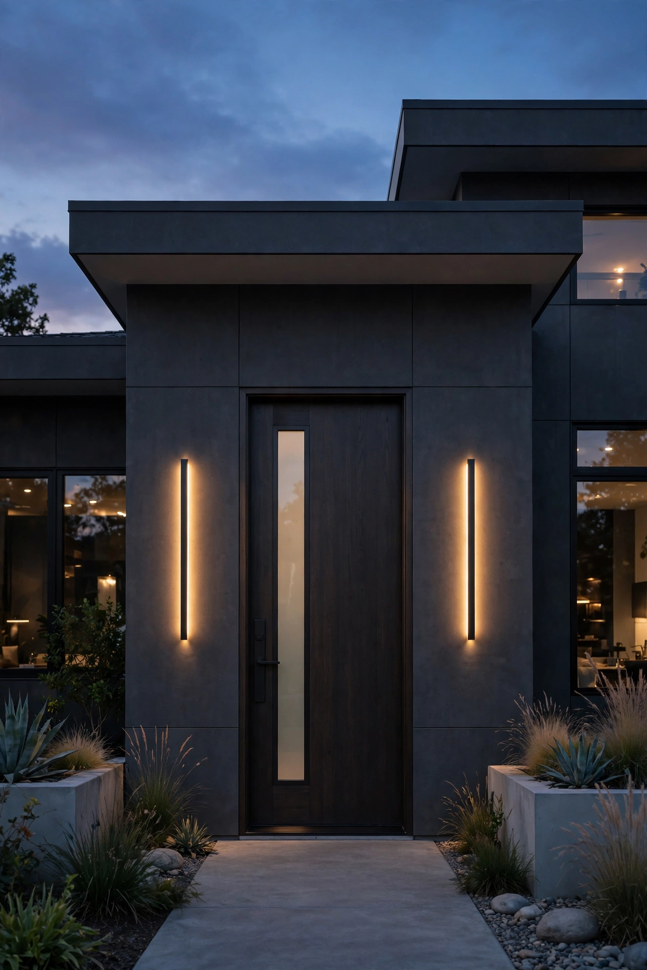 Pair of slim vertical bar sconces flanking a modern front door, casting light up and down at dusk