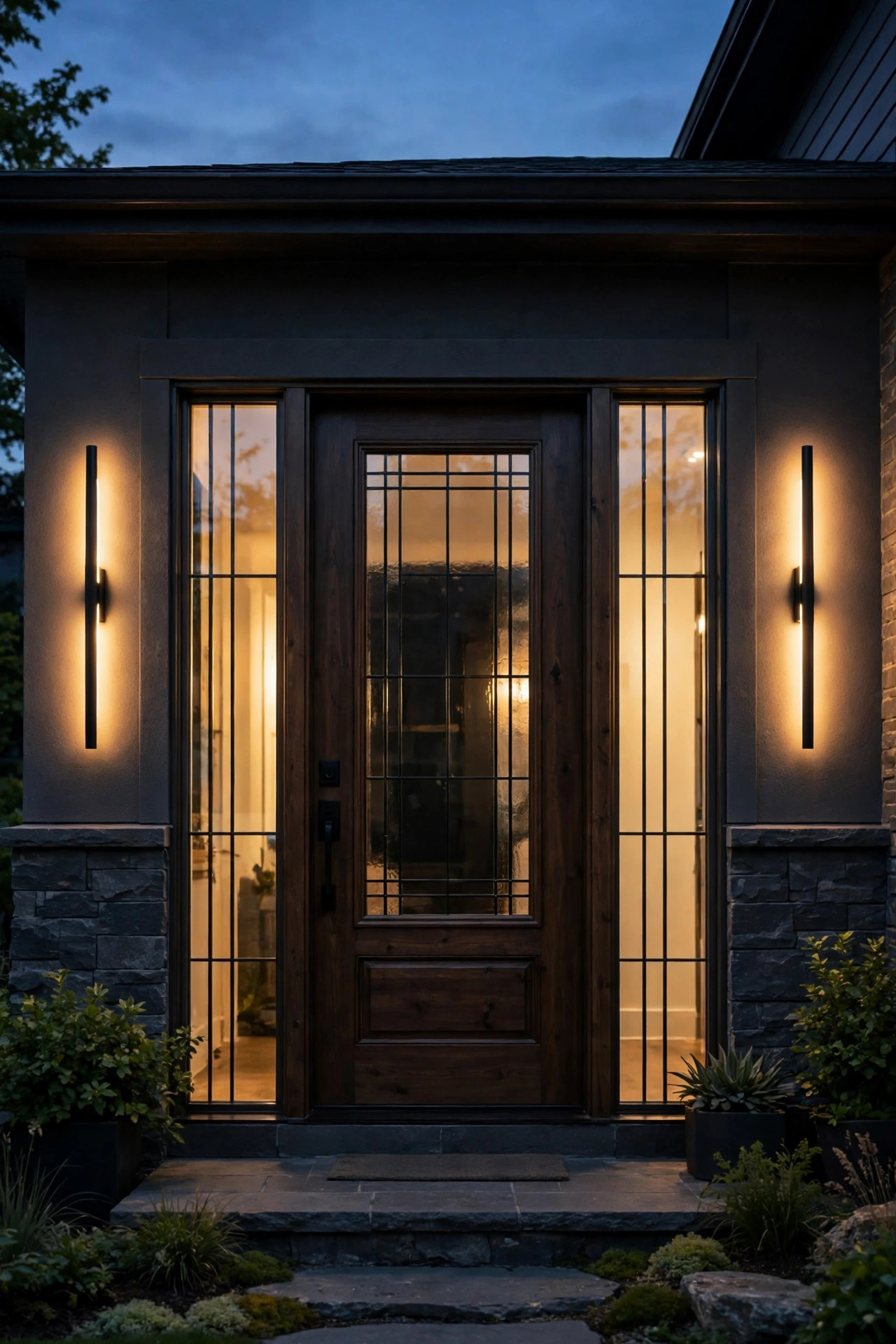 Slim vertical sconces flanking glass sidelights on a front door at dusk