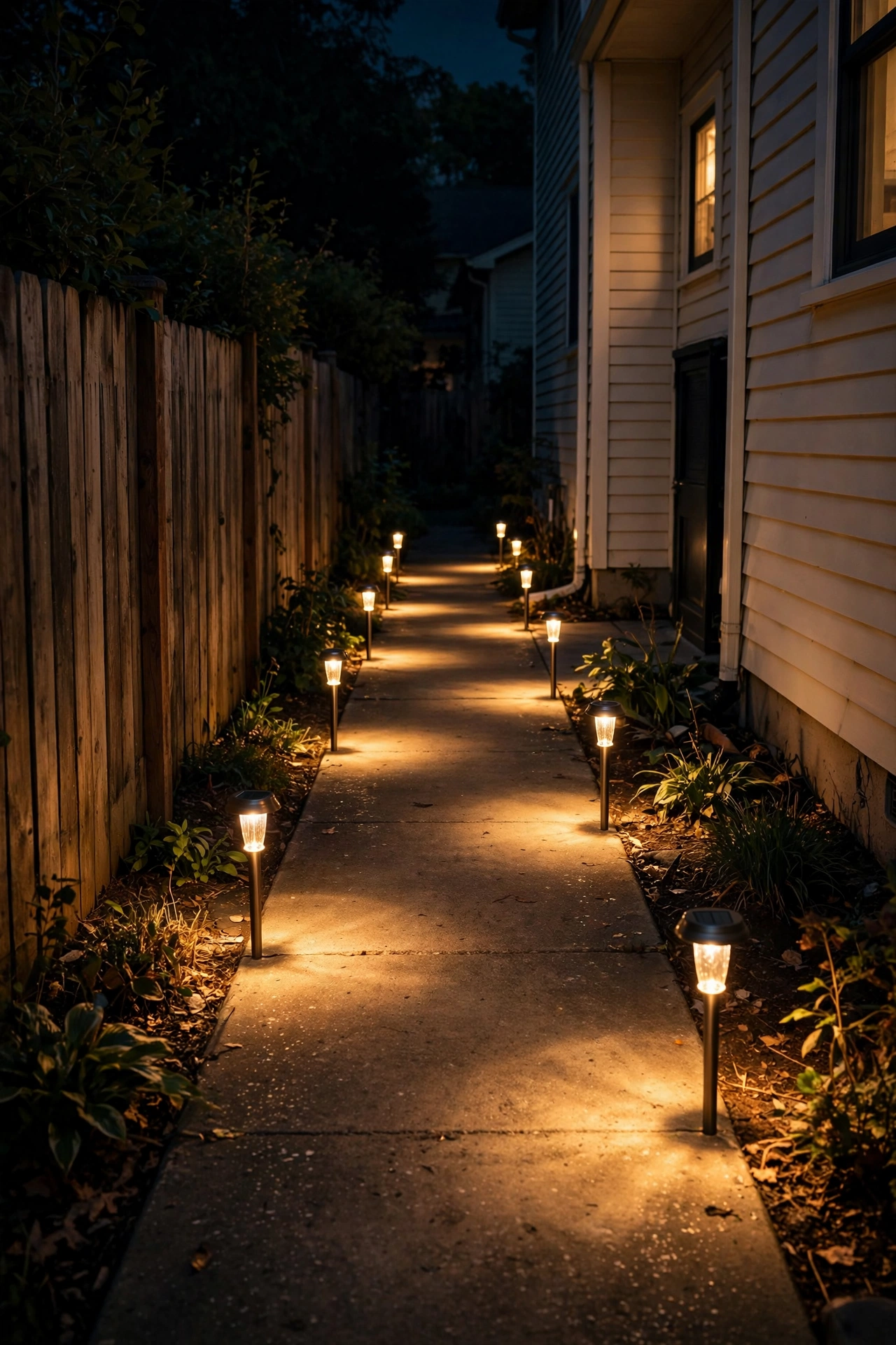 Staggered solar stake path lights glowing warm along a narrow side yard walkway at night