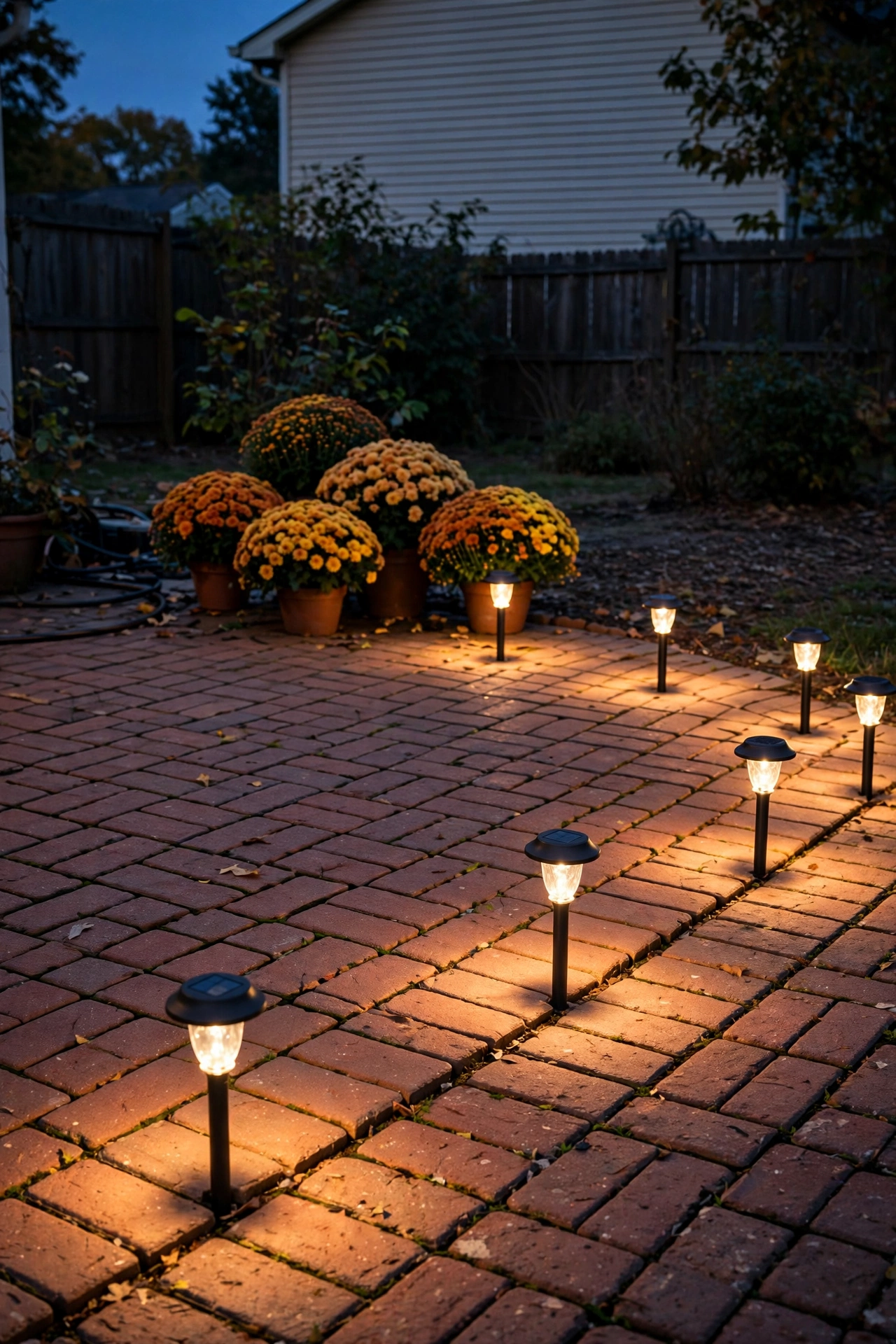 Solar path lights glowing warm white along the edge of a brick patio at dusk