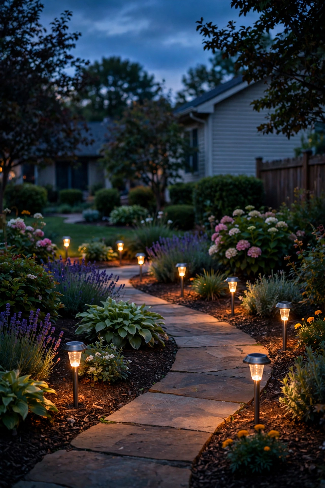 Row of small solar stake lights glowing softly along a curved garden path at dusk in a suburban yard
