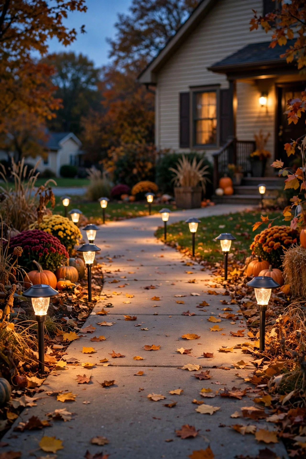 Solar path stake lights with domed caps lining a concrete walkway on a fall evening