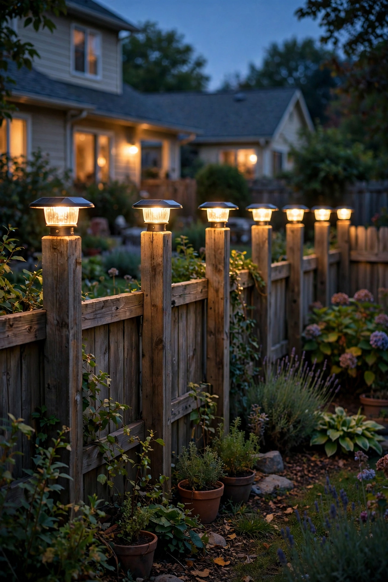 Wooden fence posts topped with glowing solar cap lights at dusk